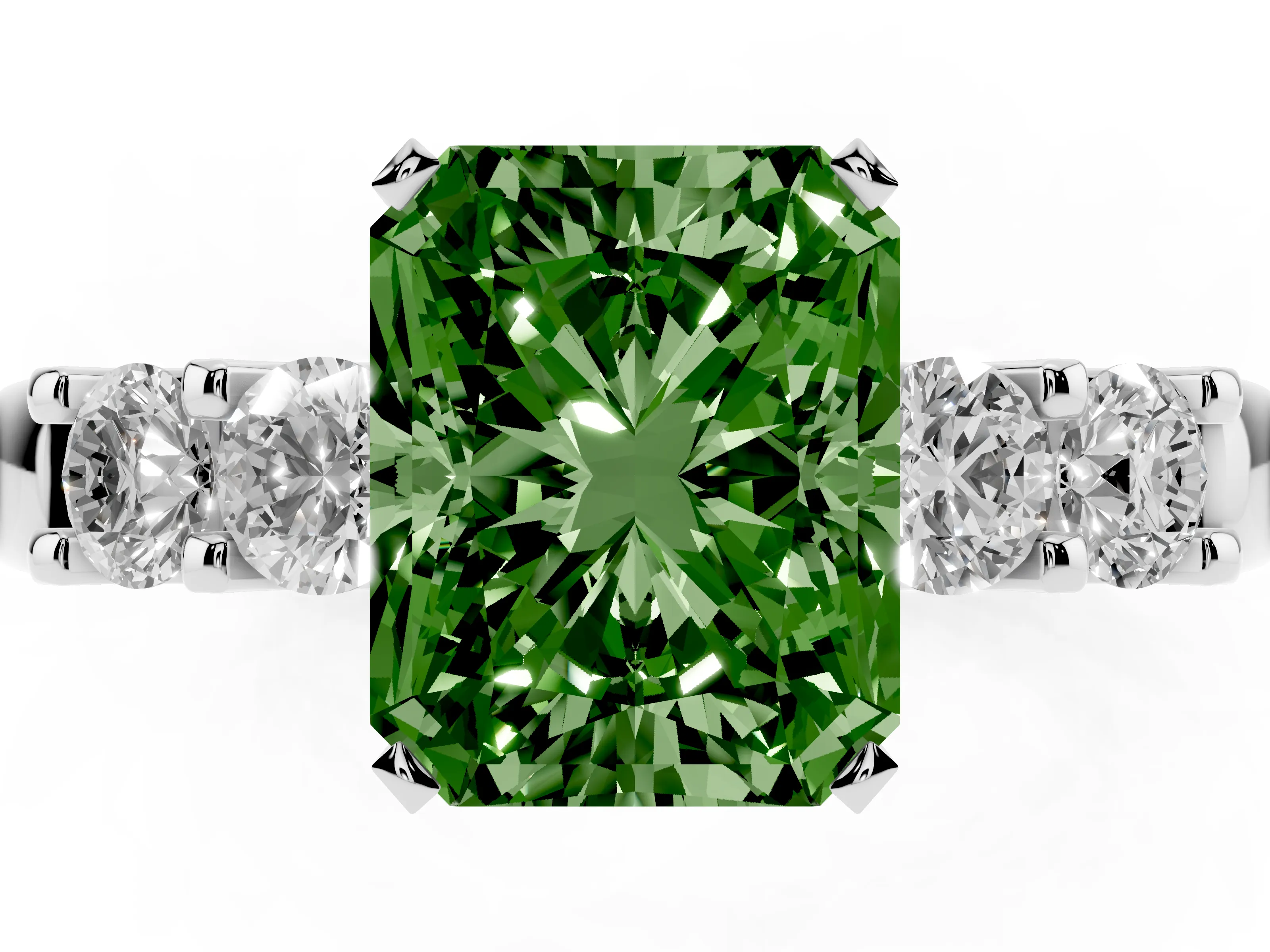 Fancy Green Radiant Cut Diamond Five-Stone Prong Set Engagement Ring Set in Platinum with Channel Band