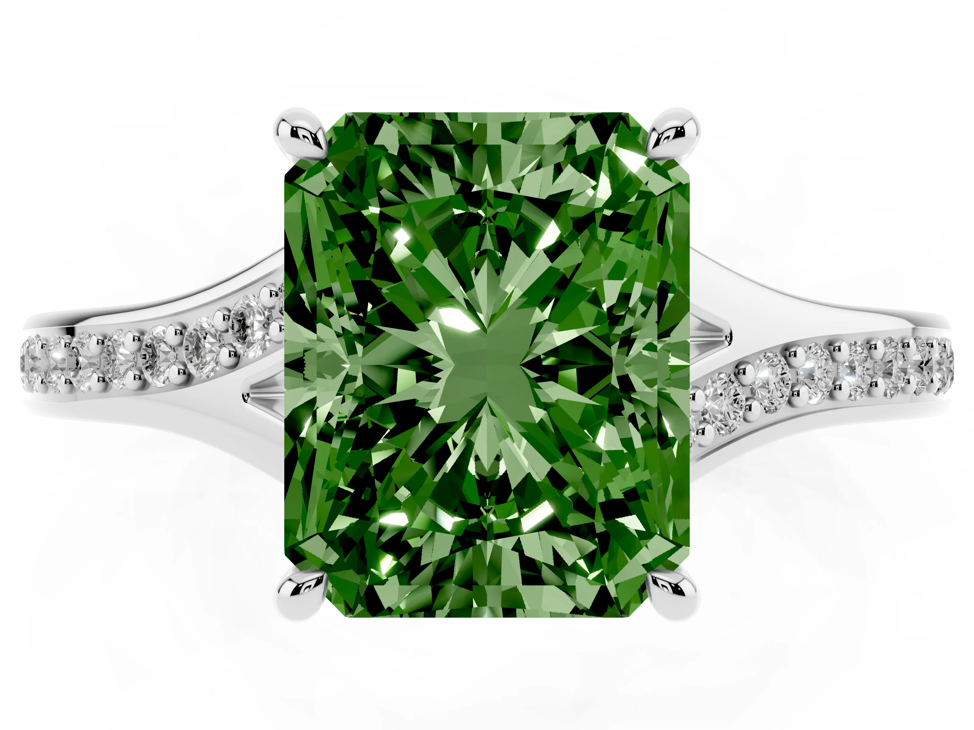 Fancy Green Radiant Cut Diamond Solitaire Ring Set in Platinum with Pavé Accent Band and Classic Prong Setting