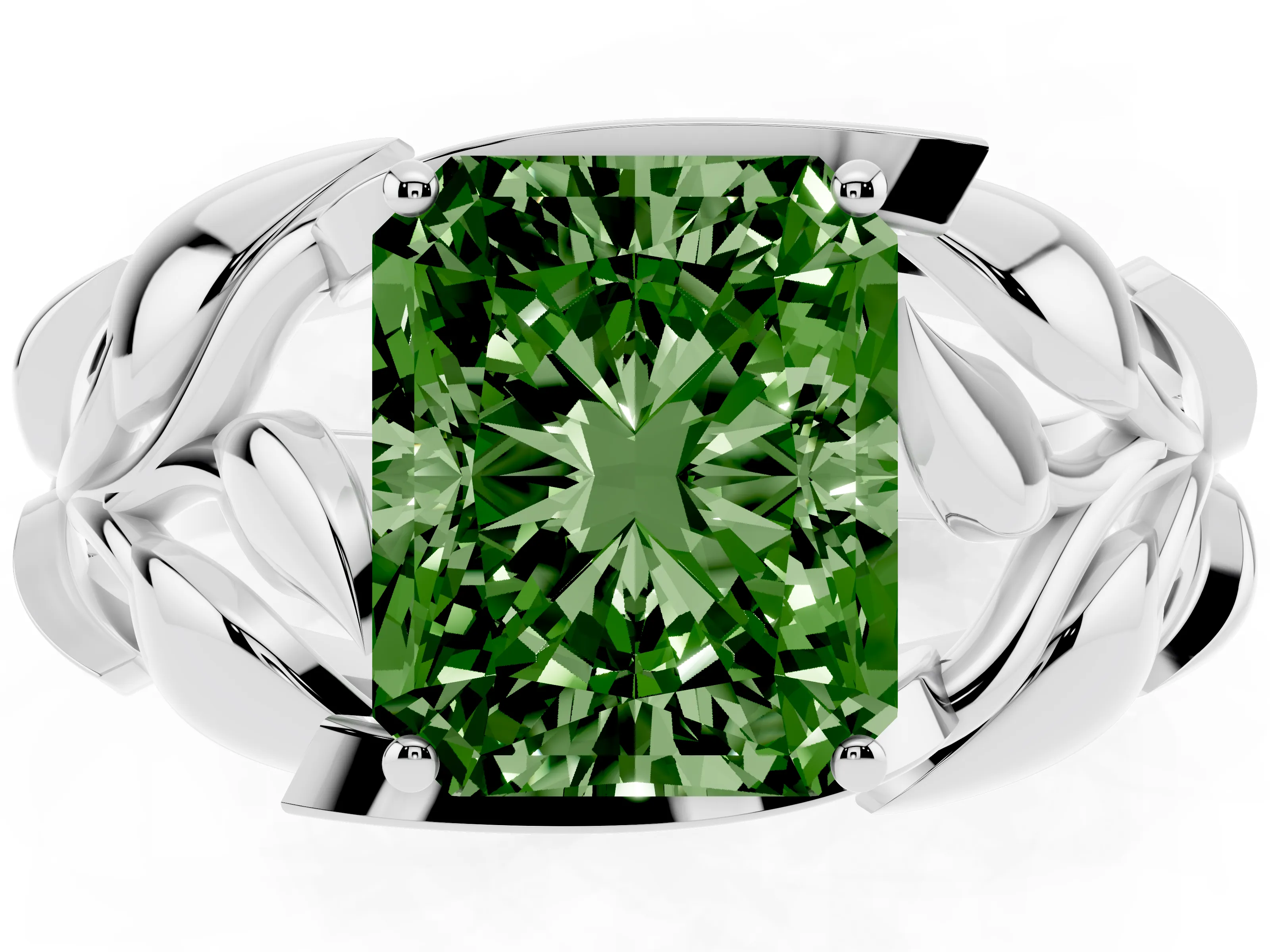 Fancy Green Radiant Cut Diamond Leaf-Inspired Engagement Ring Set in White gold with Round Accents