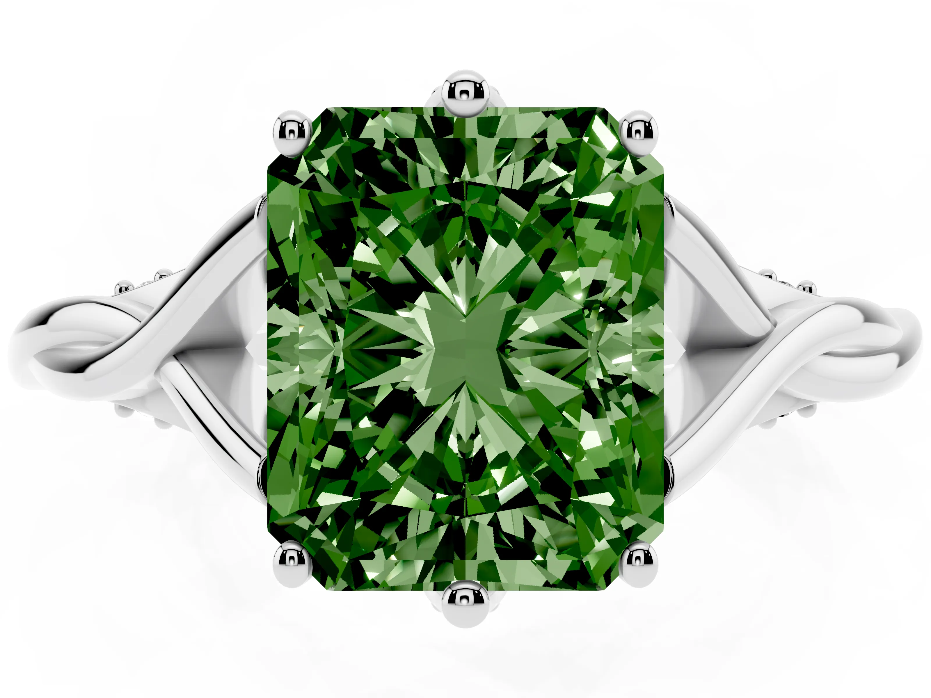 Fancy Green Radiant Cut Diamond Intertwined Twist Band Solitaire Ring Set in White gold with Prong Setting