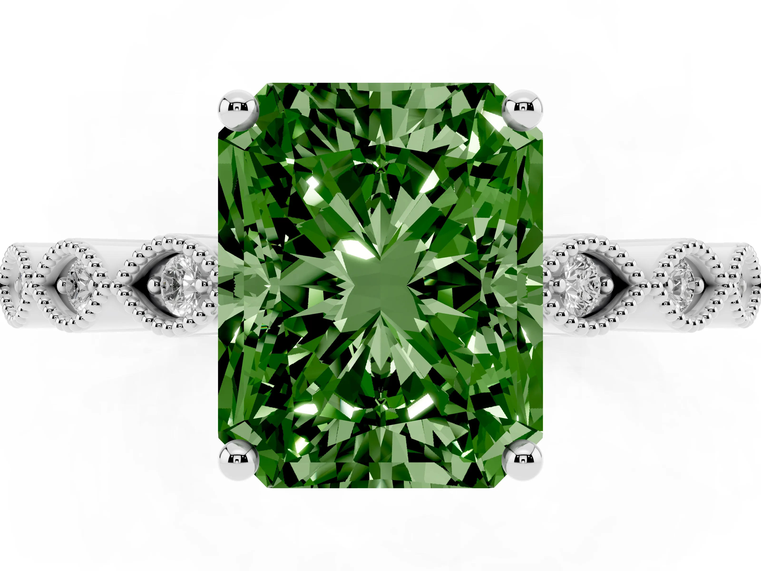 Fancy Green Radiant Cut Diamond Solitaire Ring Set in Platinum with Infinity Twist Pavé Band