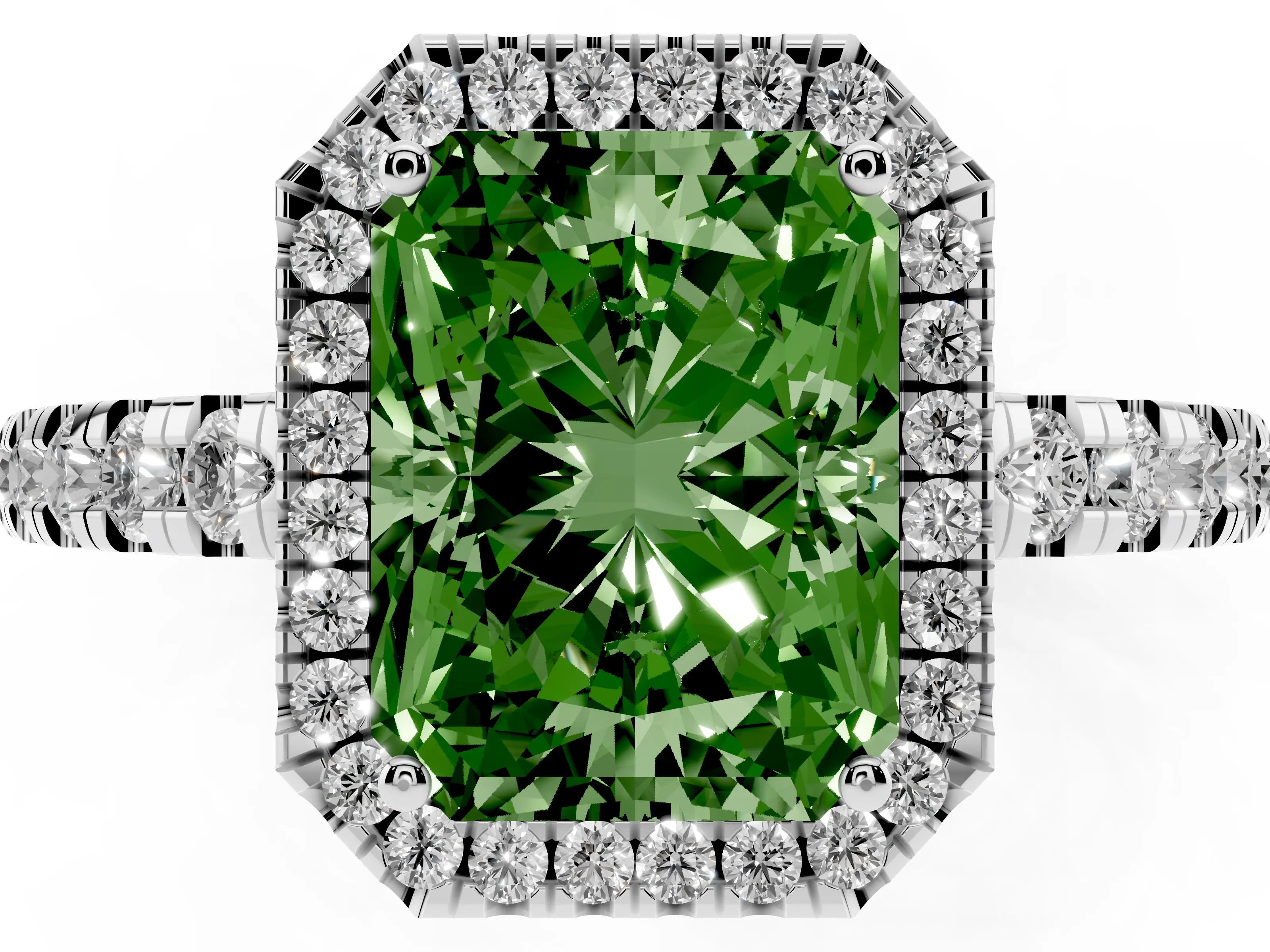 Fancy Green Radiant Cut Diamond Halo Ring Set in White gold with Delicate Pavé Band and Prong Setting