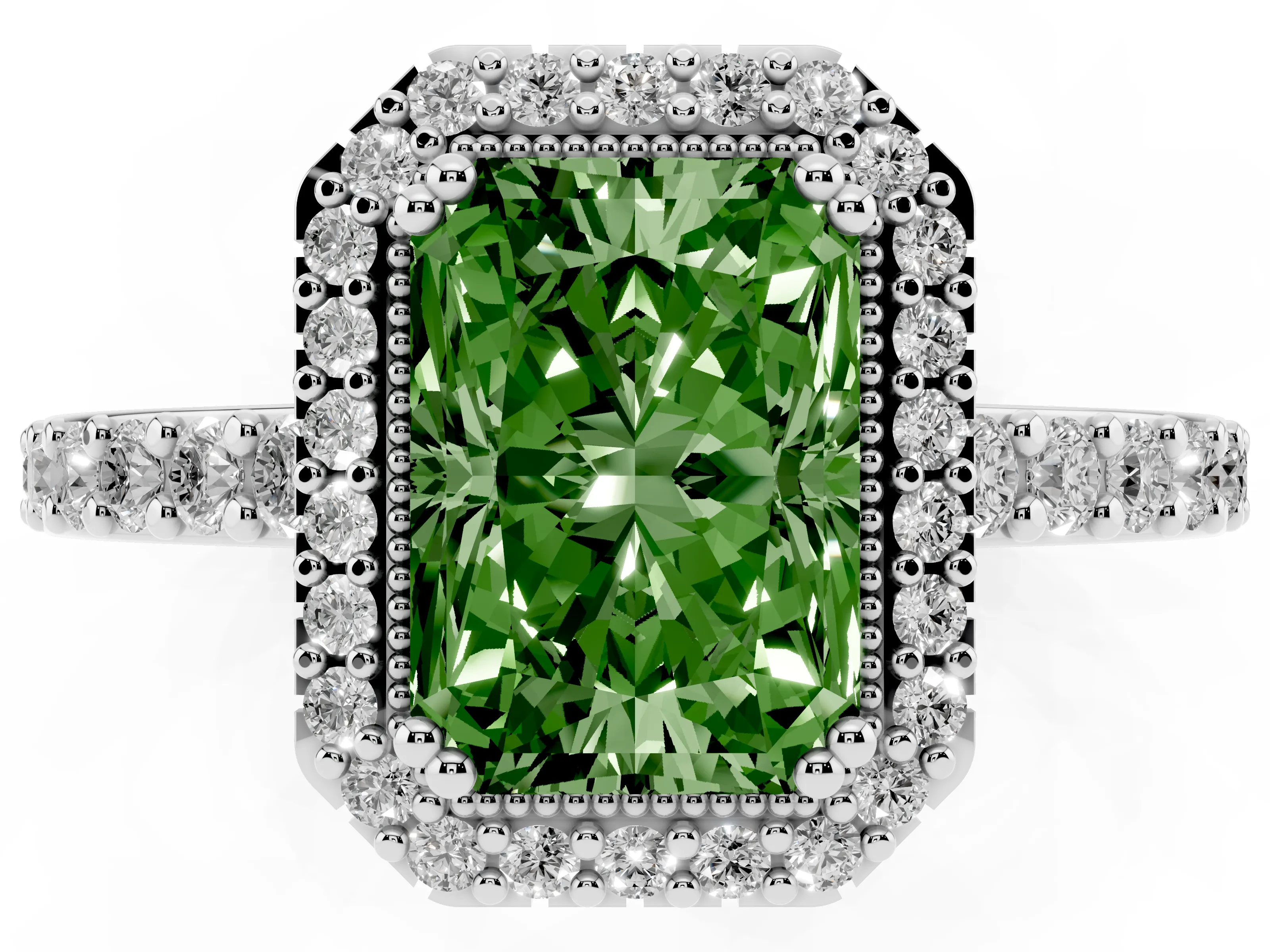 Fancy Green Radiant Cut Diamond Halo Engagement Ring Set in Silver with Milgrain Detail and Pavé Band