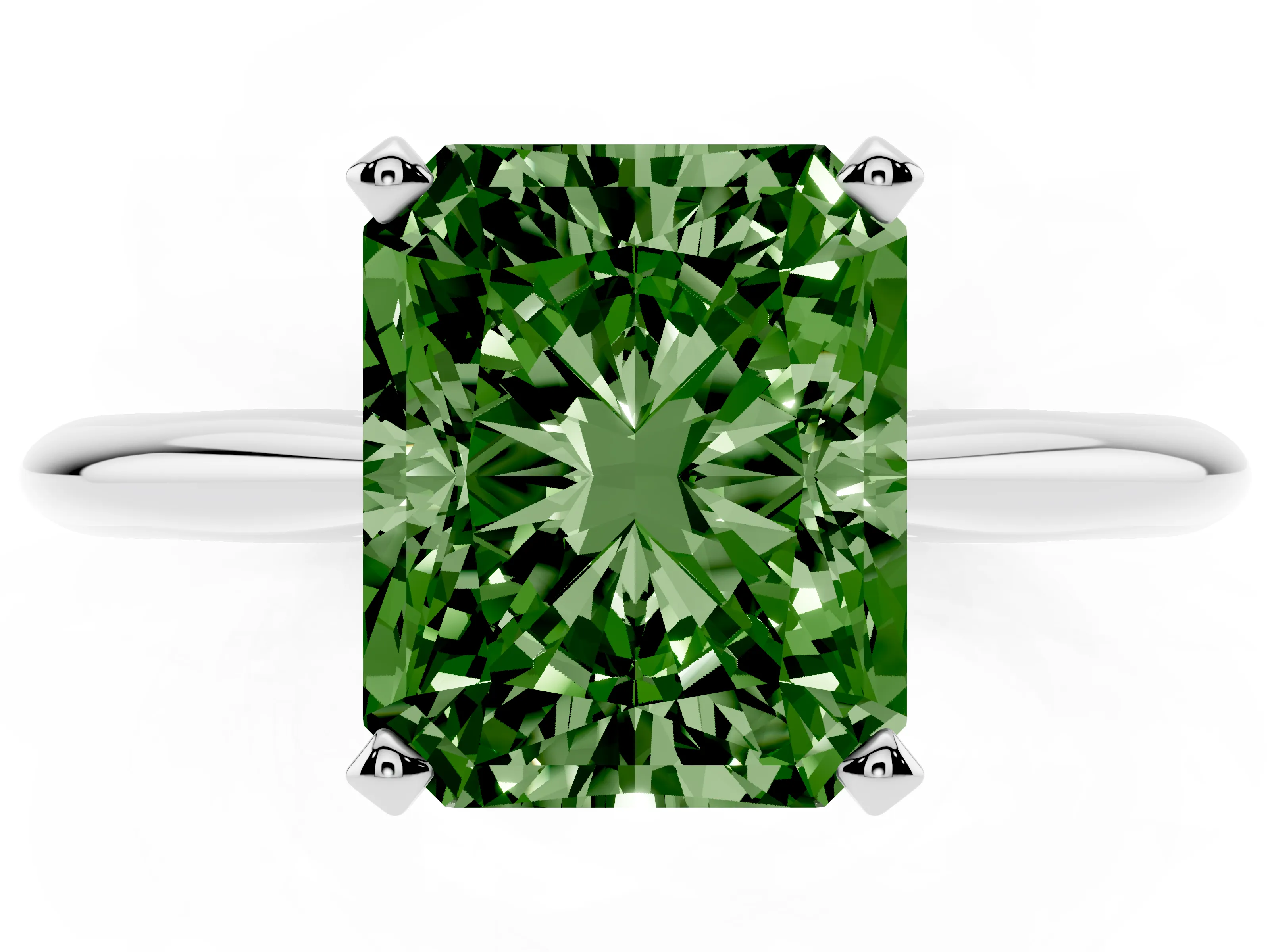 Fancy Green Radiant Cut Diamond Solitaire Ring Set in Silver with Prong Setting on a Plain Round Band