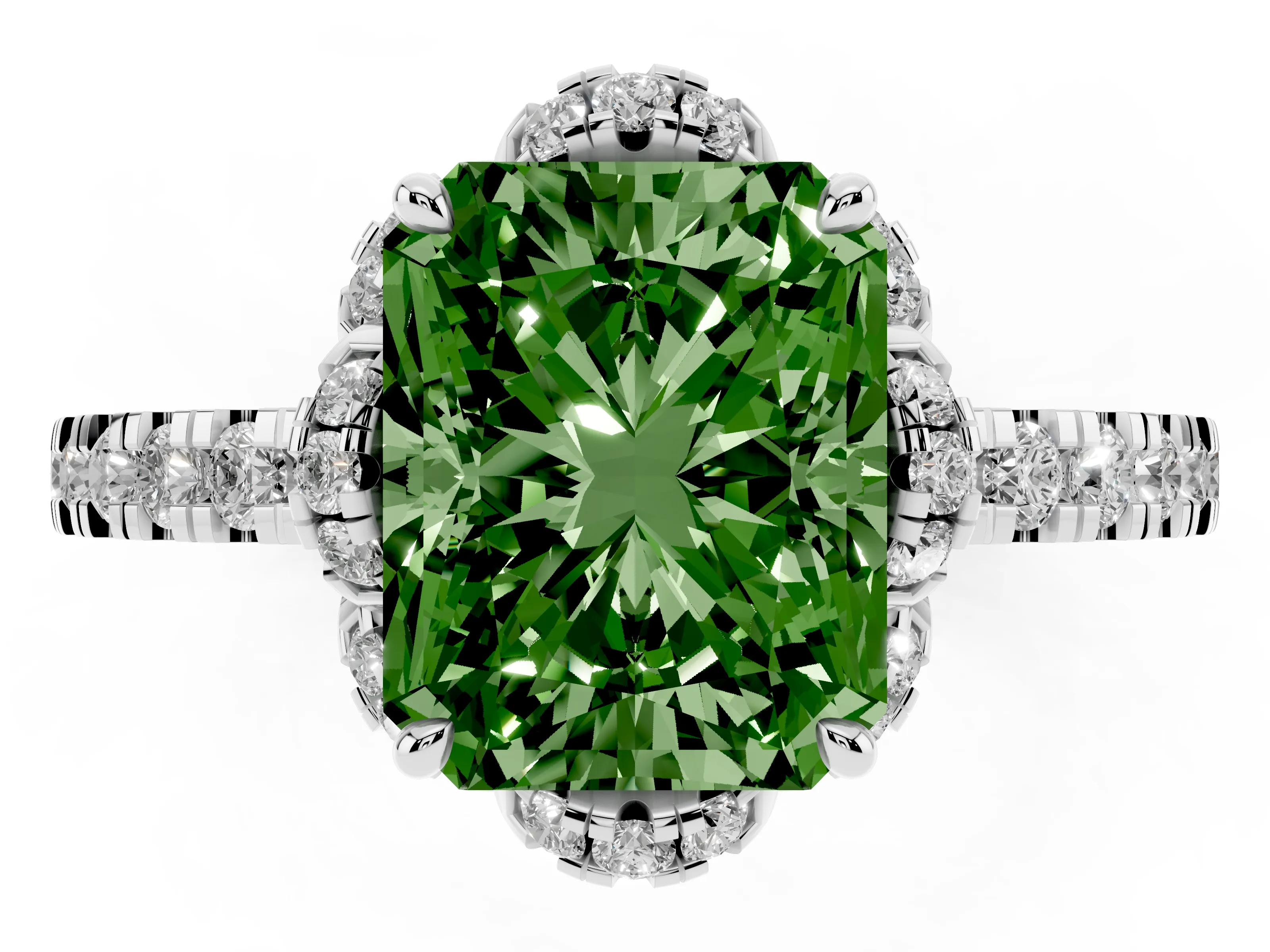Fancy Green Radiant Cut Diamond Halo Pavé Band Ring Set in White gold with Prong-Held Center