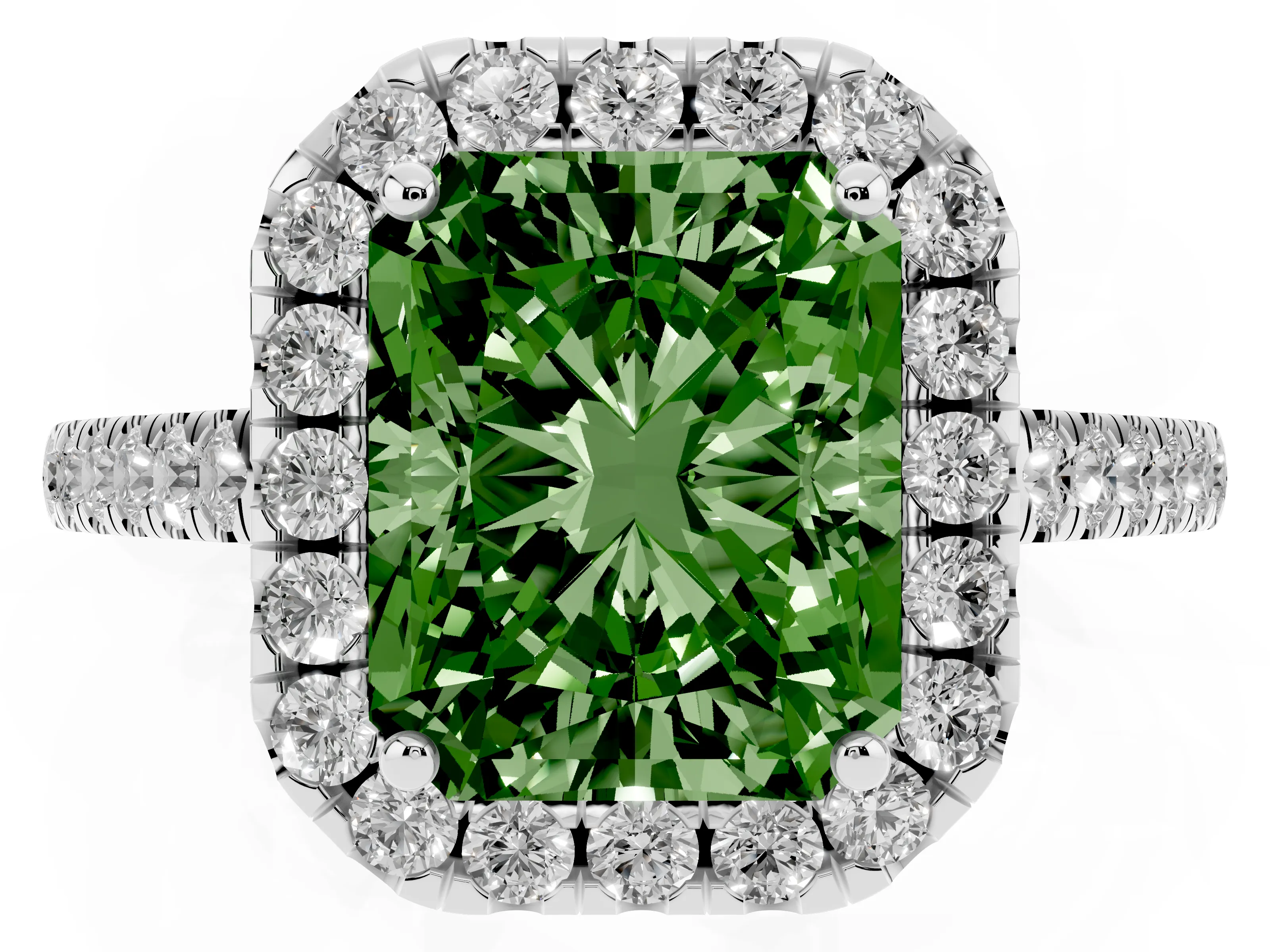Fancy Green Radiant Cut Diamond Pavé Halo Engagement Ring Set in White gold with Pavé Band and Prong Setting