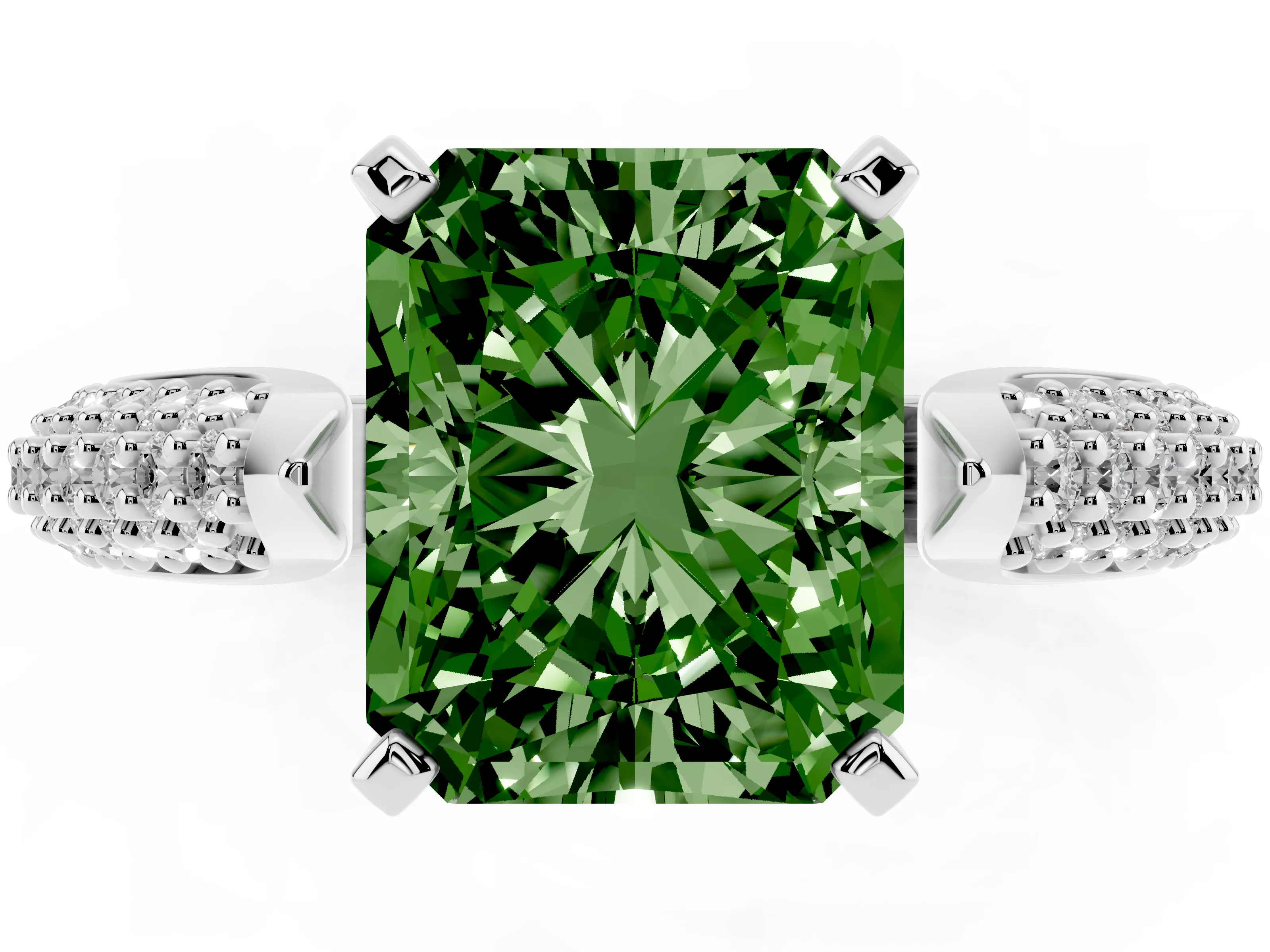Fancy Green Radiant Cut Diamond Solitaire Engagement Ring Set in White gold with Multi-Row Round Pavé Band and Prong Setting