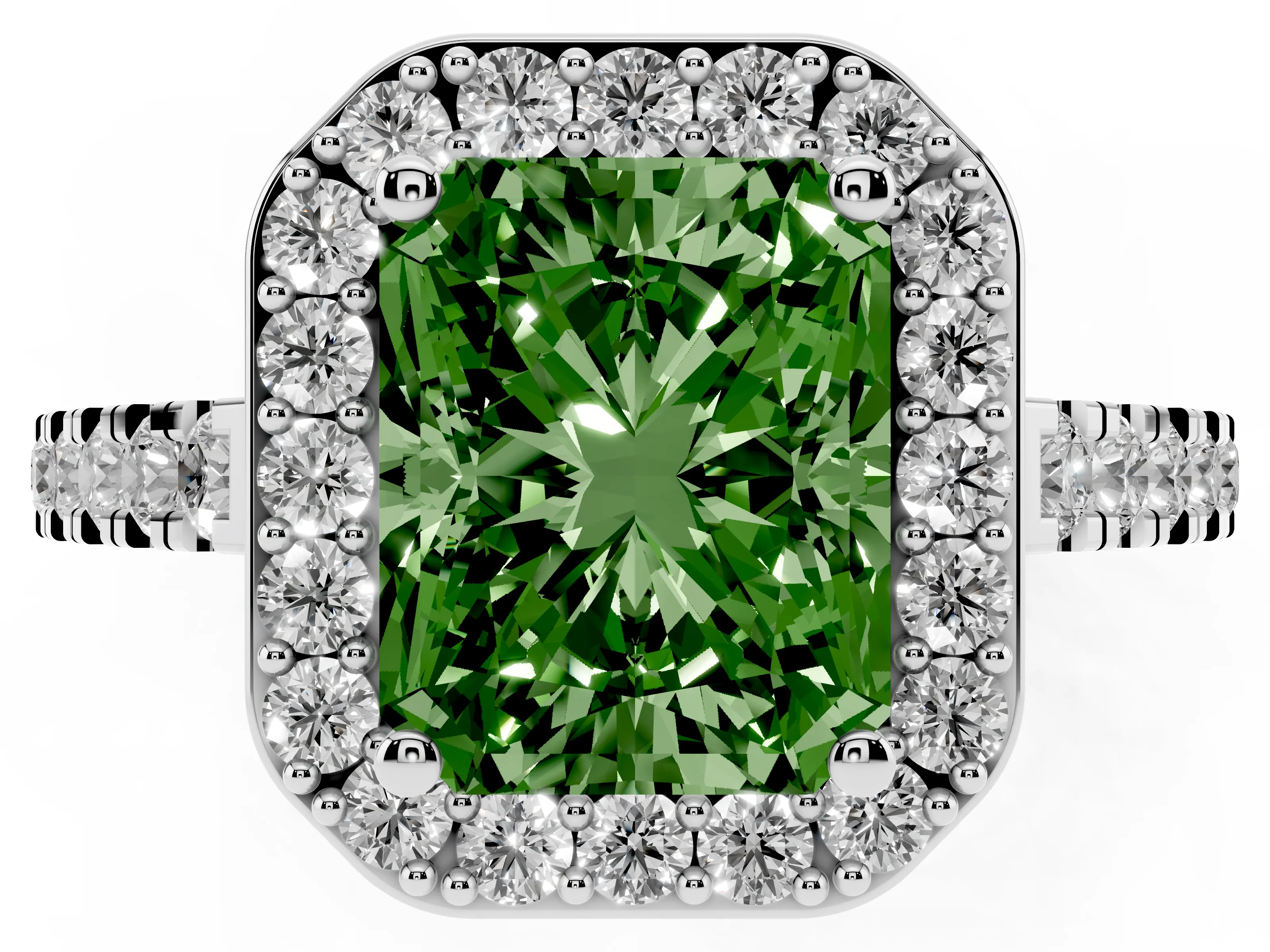 Fancy Green Radiant Cut Diamond Halo Ring Set in White gold with Round Pavé Split Shank and Prong Setting
