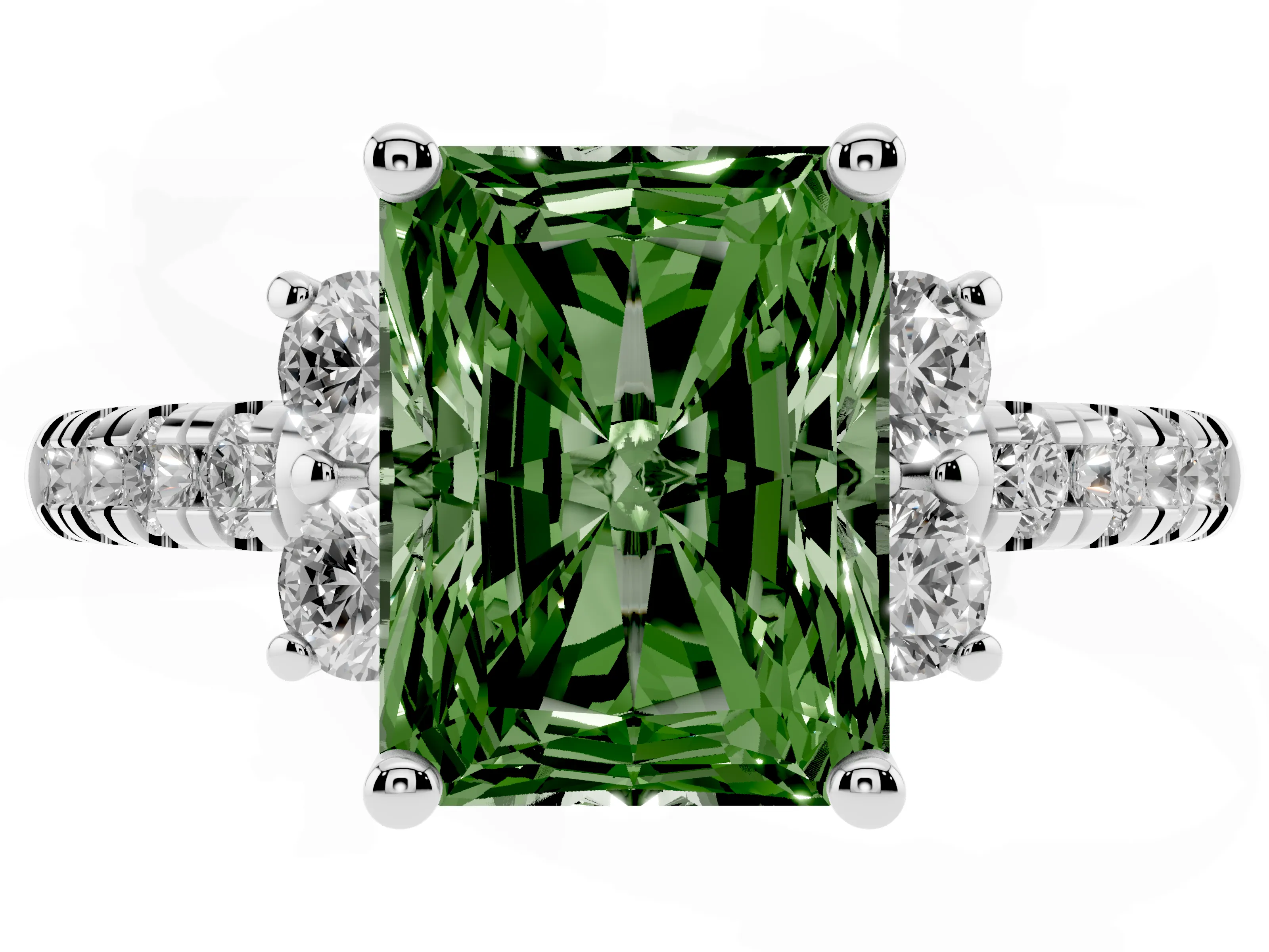 Fancy Green Radiant Cut Diamond Three-Stone Pavé Ring Set in Platinum with Prong Setting