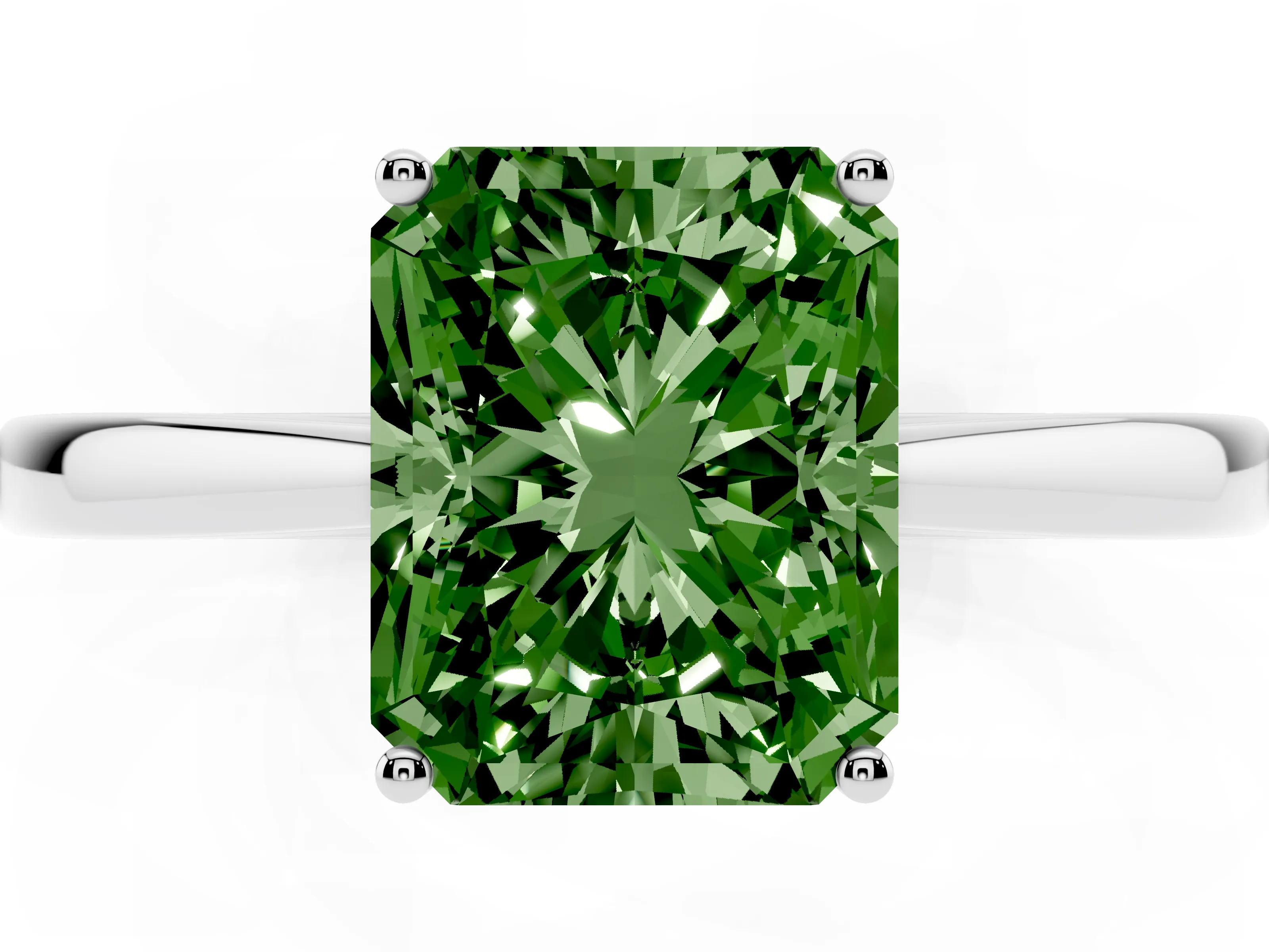 Fancy Green Radiant Cut Diamond Solitaire Ring Set in Silver with Split Shank and Prong Setting