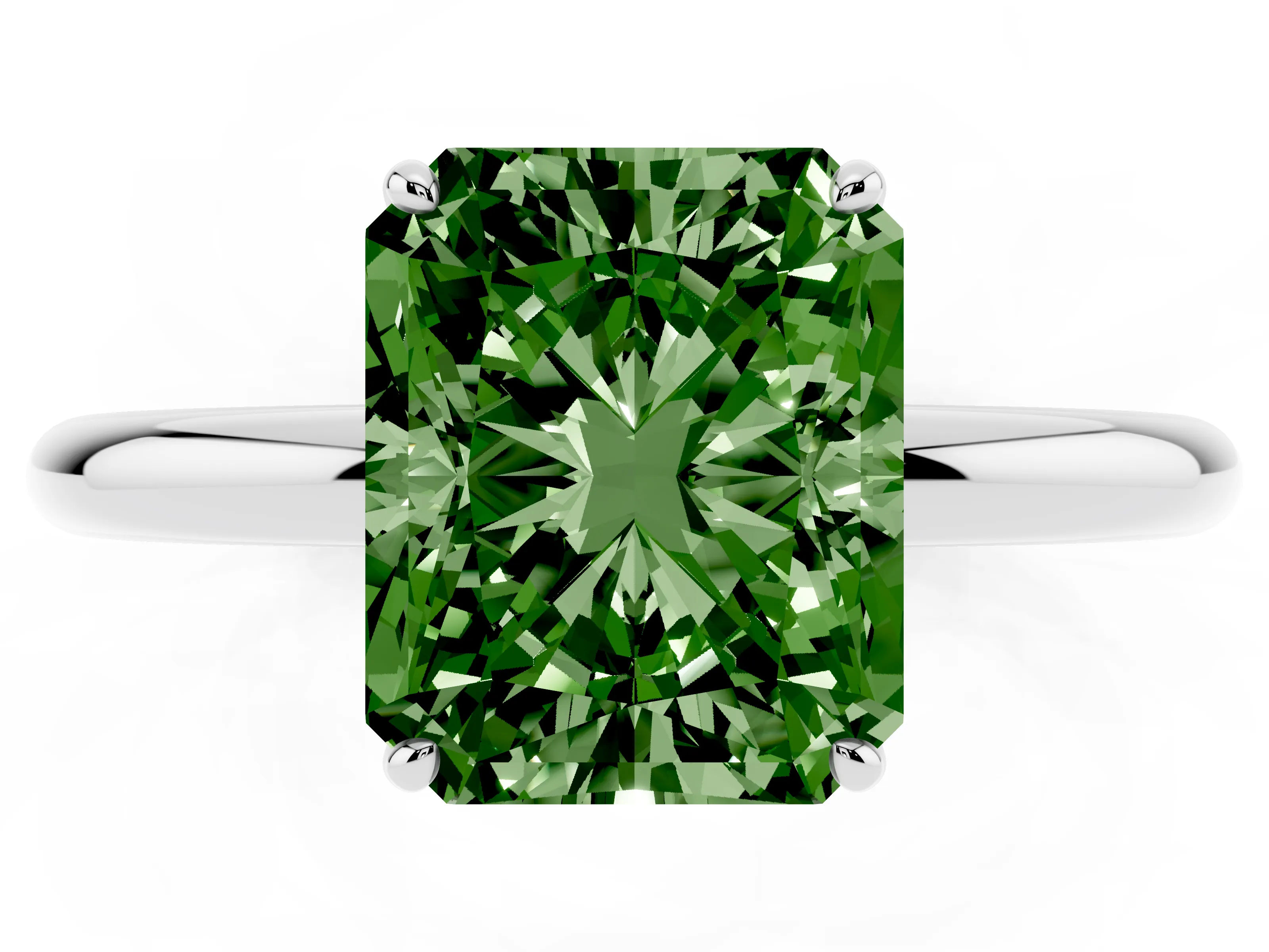 Fancy Green Radiant Cut Diamond Solitaire Ring Set in Silver with Prong Setting on a Polished Plain Band