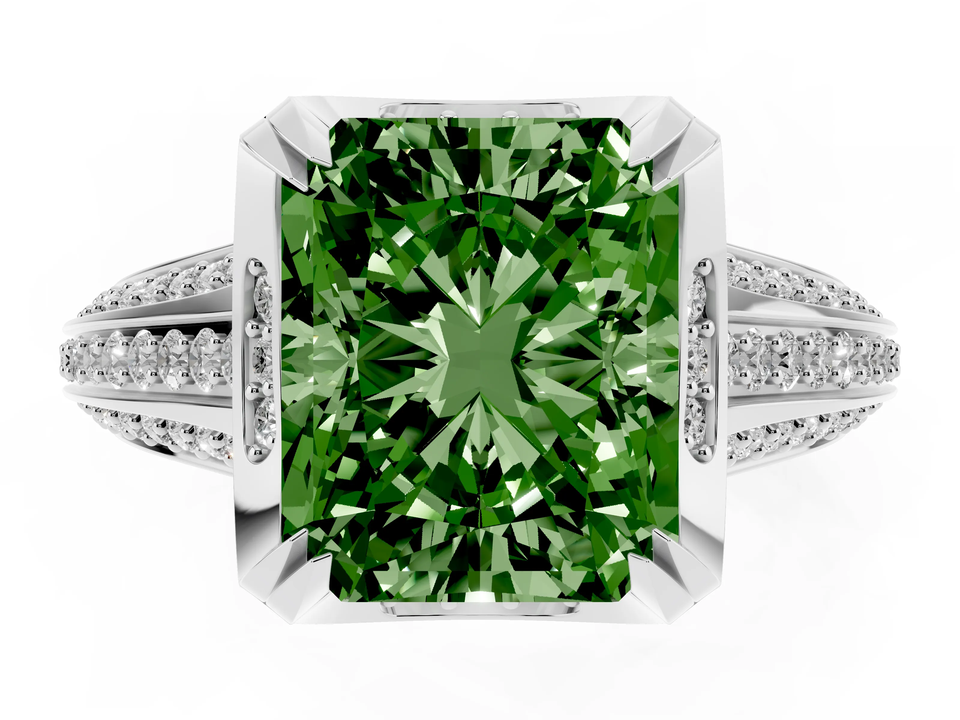 Fancy Green Radiant Cut Diamond Pavé Split Shank Solitaire Ring Set in Silver with Prong Setting