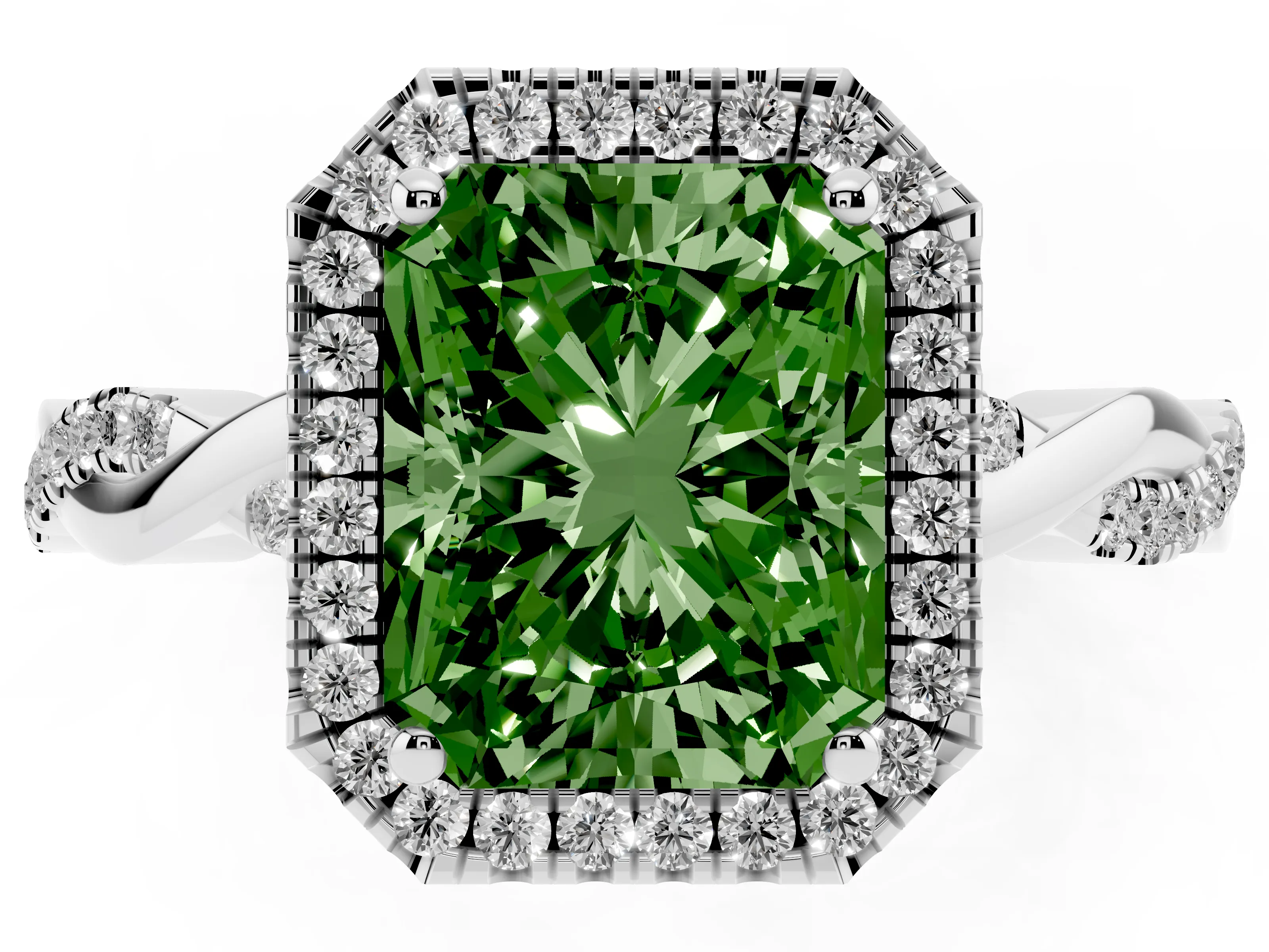 Fancy Green Radiant Cut Diamond Halo Twisted Band Ring Set in White gold with Prong Setting