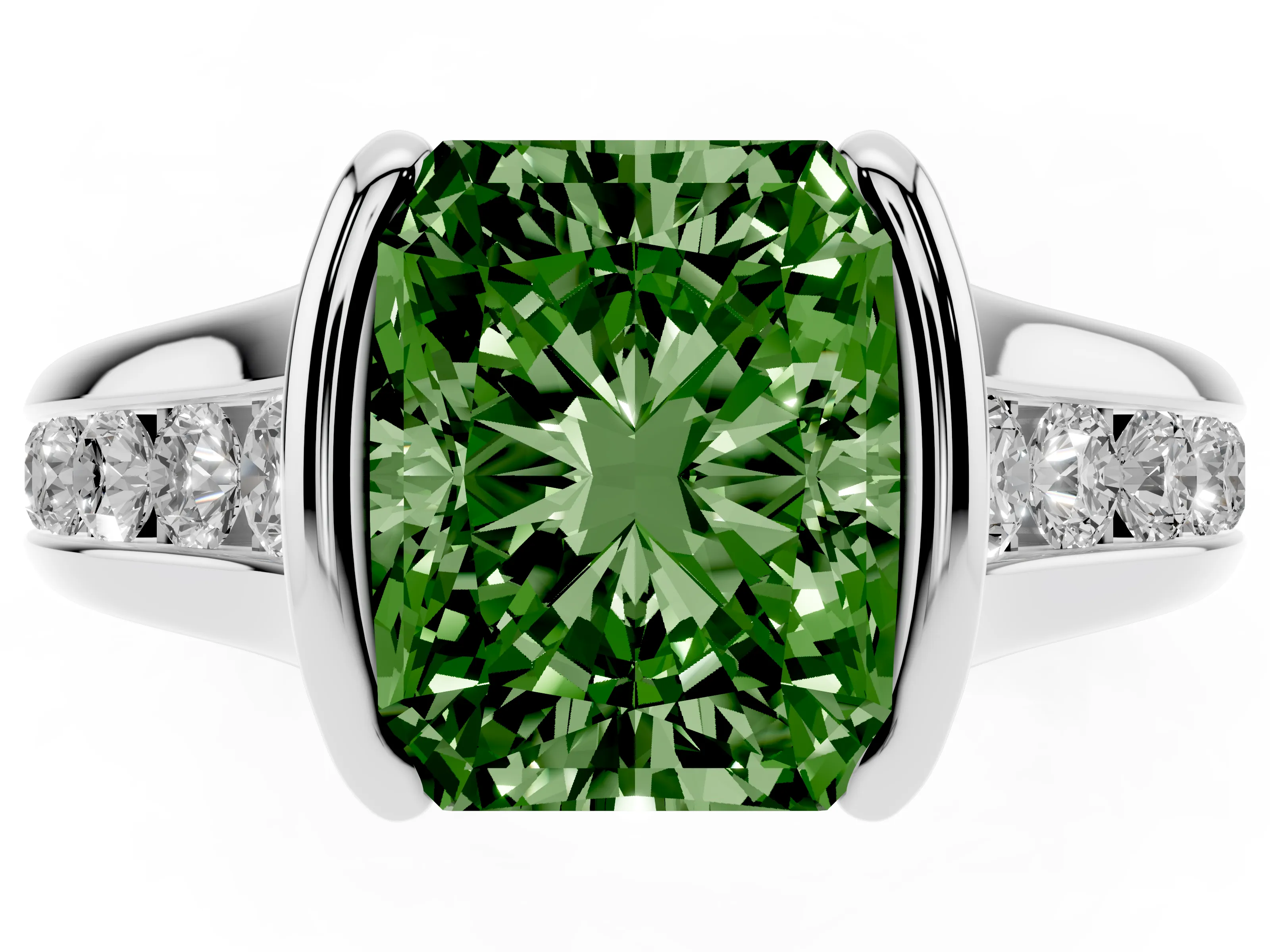 Fancy Green Radiant Cut Diamond Bezel-Set Solitaire Ring Set in White gold with Channel-Set Band