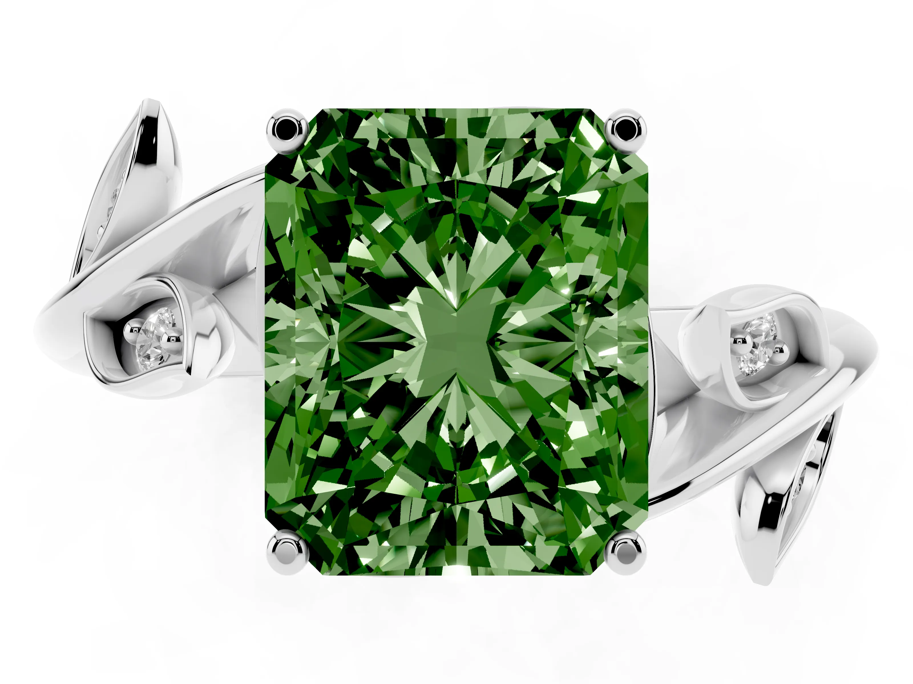 Fancy Green Radiant Cut Diamond Solitaire Twist Engagement Ring Set in White gold with Pavé Leaf Accents
