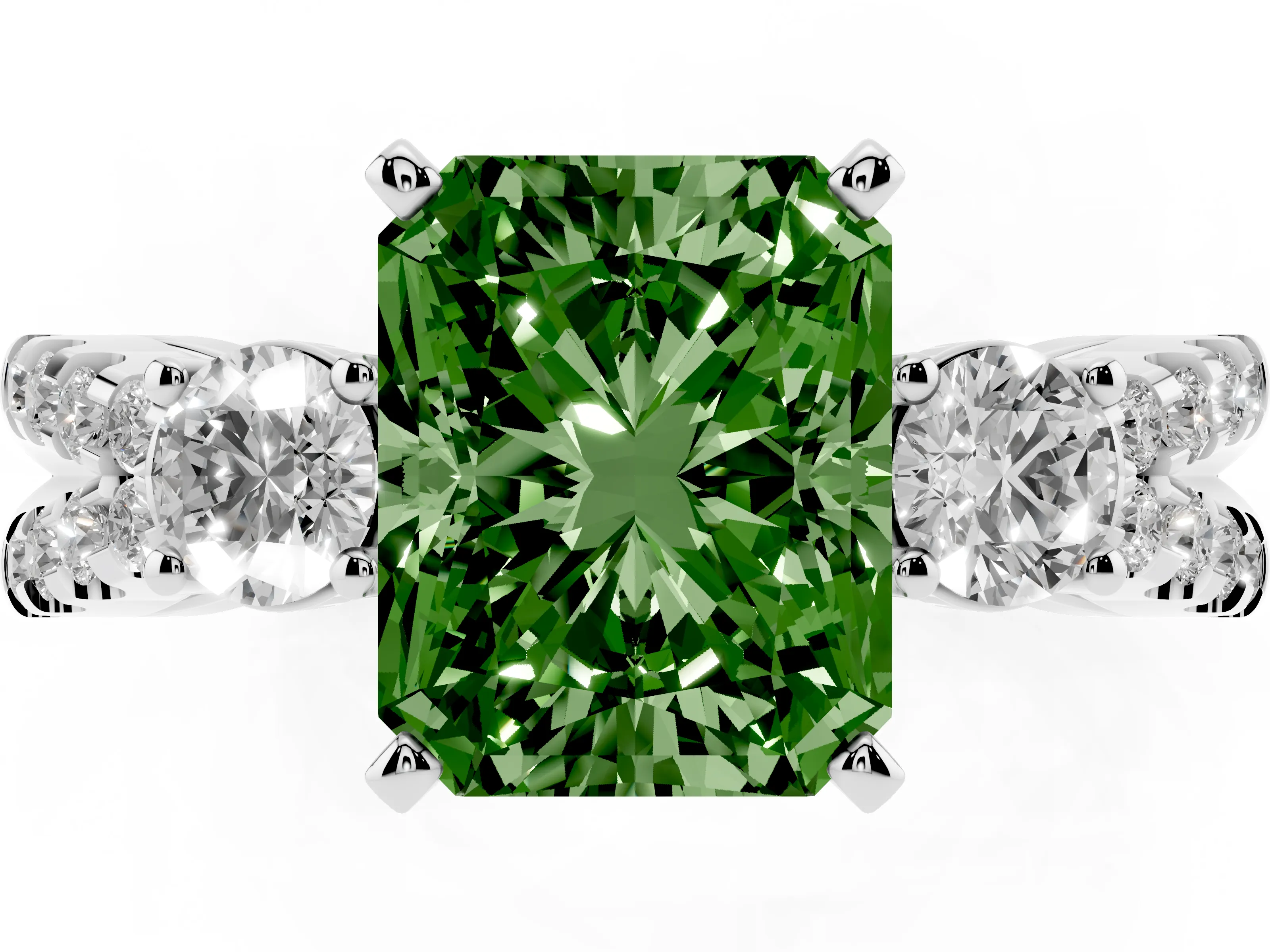 Fancy Green Radiant Cut Diamond Three-Stone Ring Set in Silver with Pavé Split Shank and Prong Setting