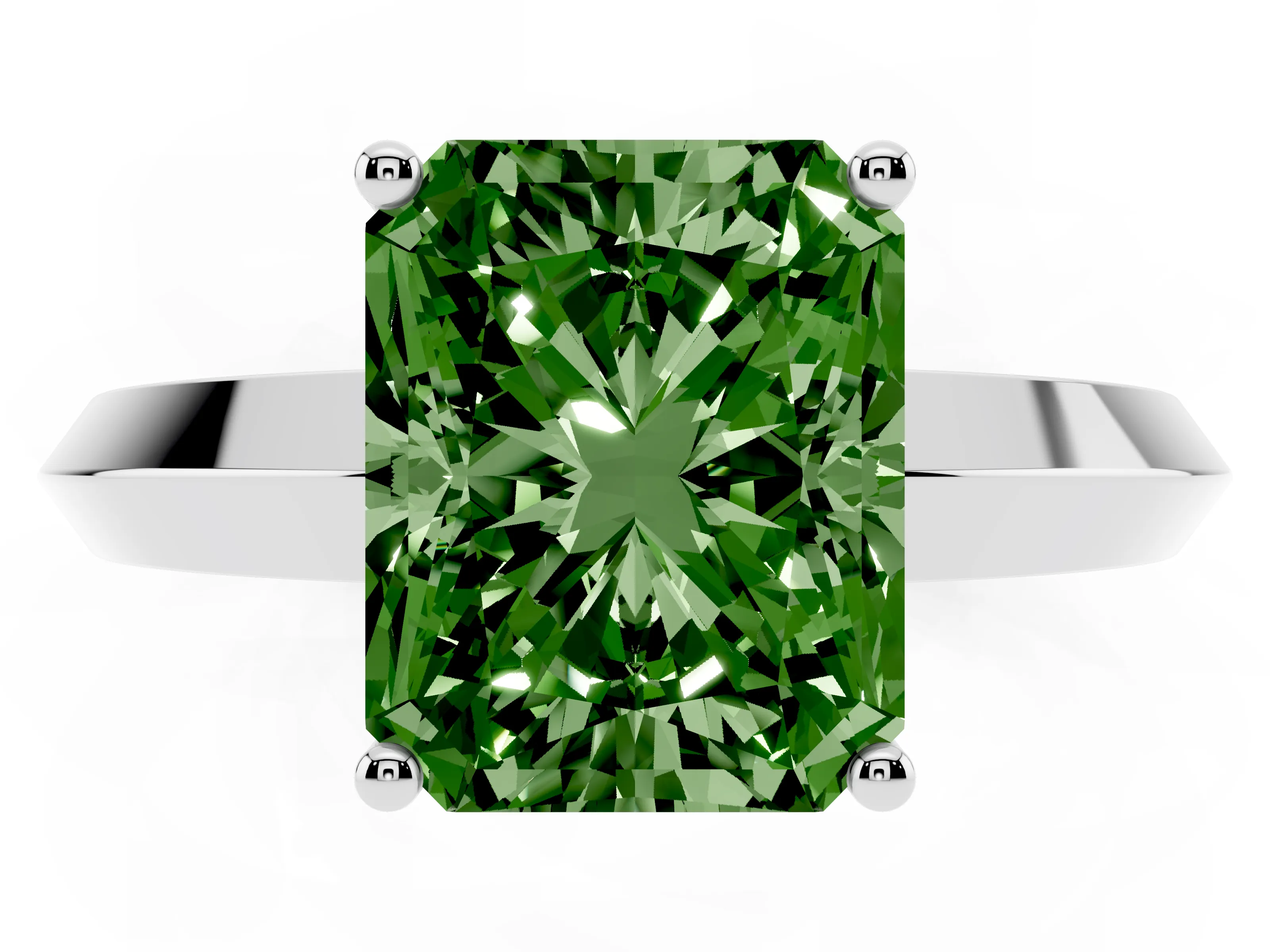 Fancy Green Radiant Cut Diamond Solitaire Engagement Ring Set in Silver with Flat Band and Prong Setting