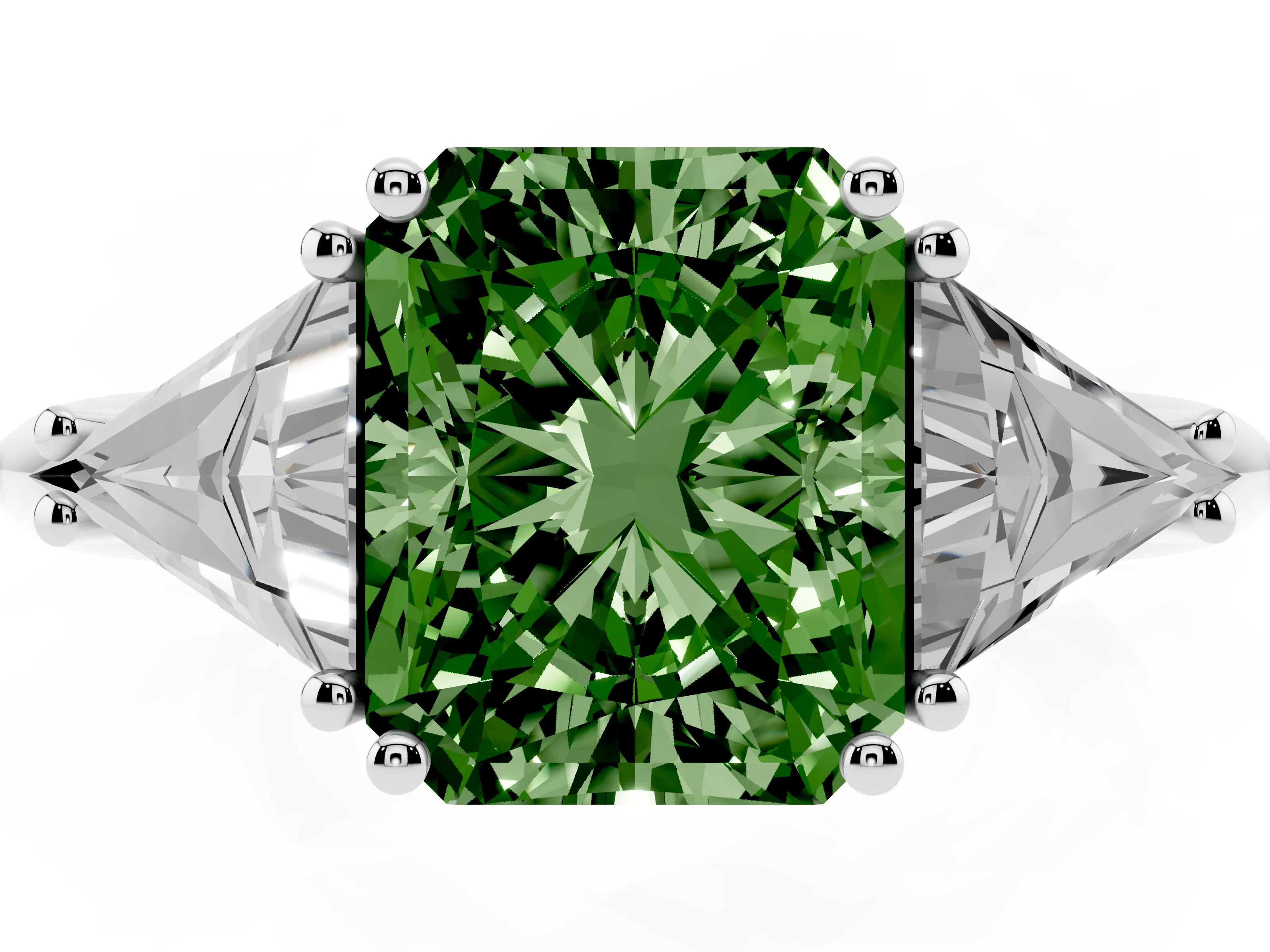 Fancy Green Radiant Cut Diamond Three-Stone Engagement Ring Set in Platinum with Trillion Side Stones