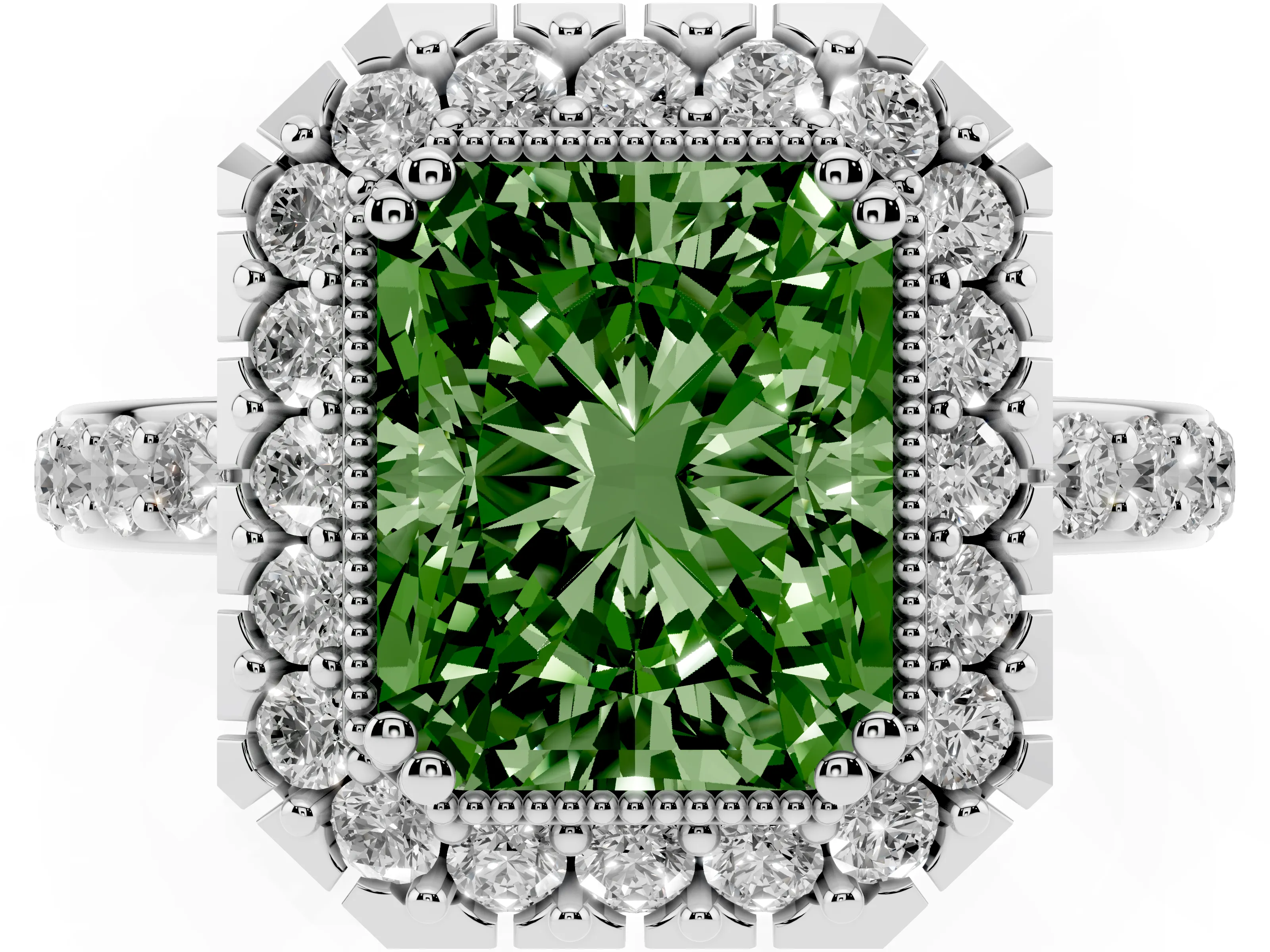Fancy Green Radiant Cut Diamond Halo Ring Set in White gold with Pavé Shank and Prong Setting