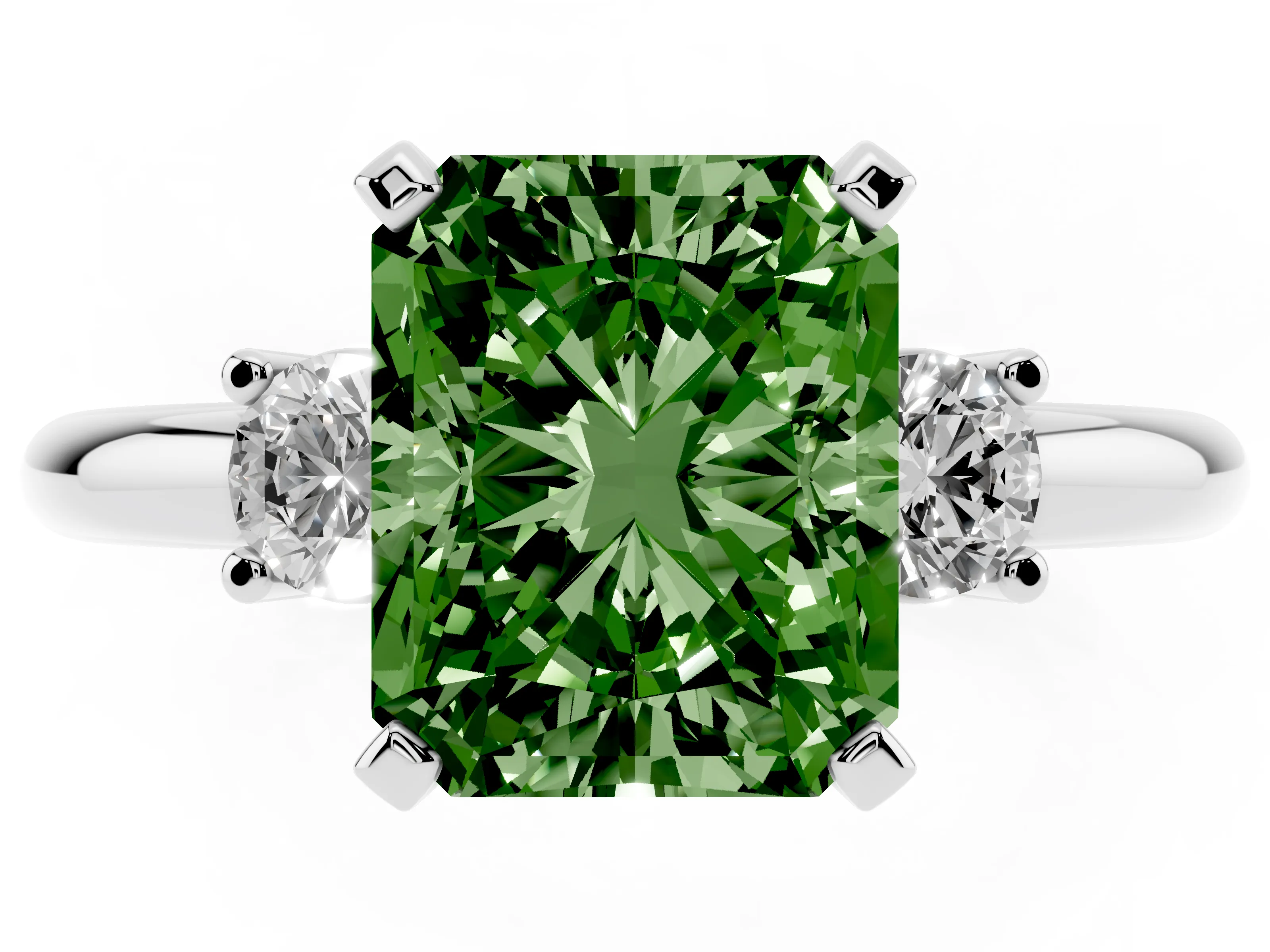 Fancy Green Three-Stone Radiant Cut Diamond Ring Set in Silver with Prong Setting and Plain Band