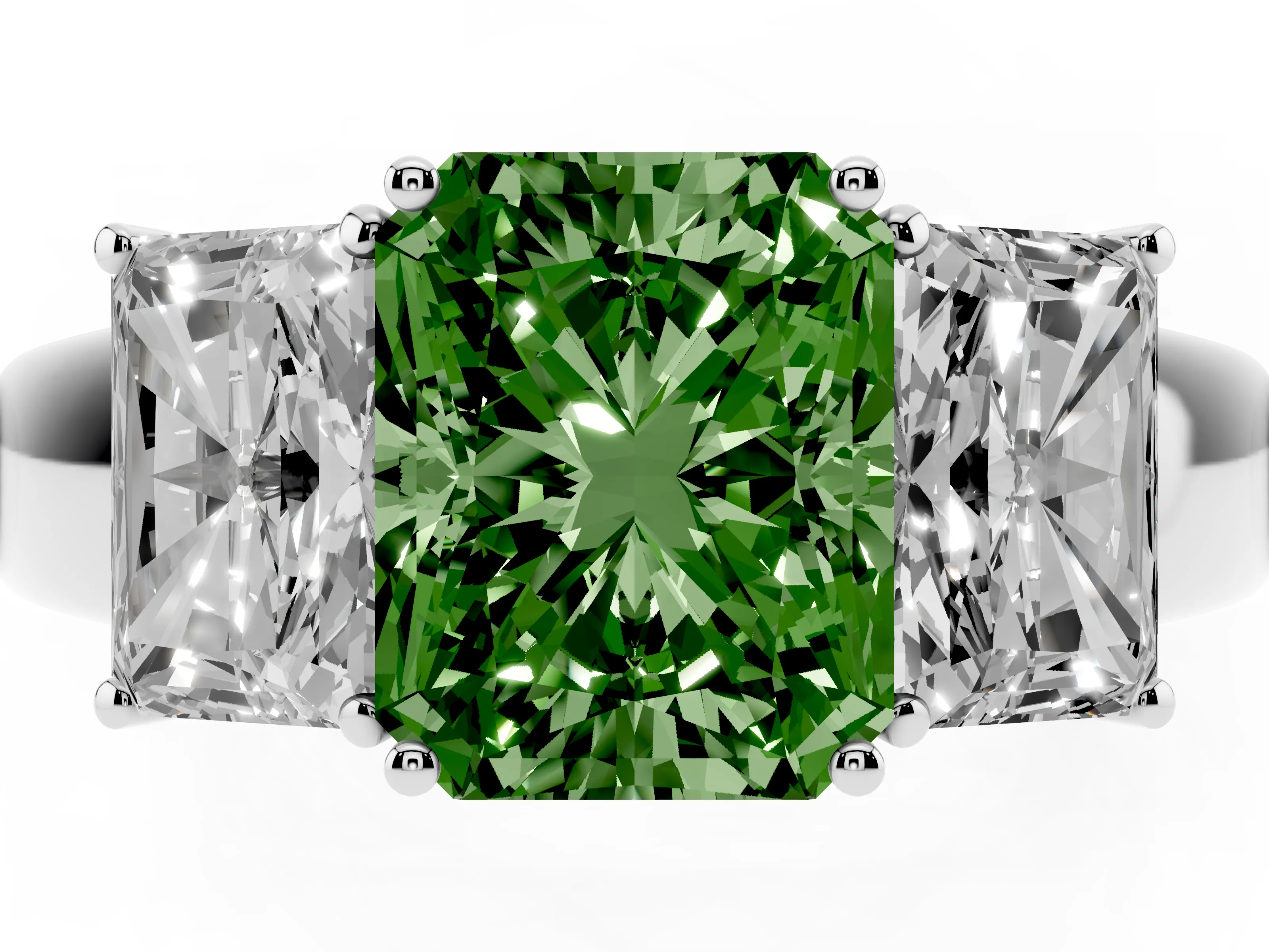 Fancy Green Three-Stone Radiant Cut Diamond Ring Set in White gold with Matching Prong Settings and Plain Band
