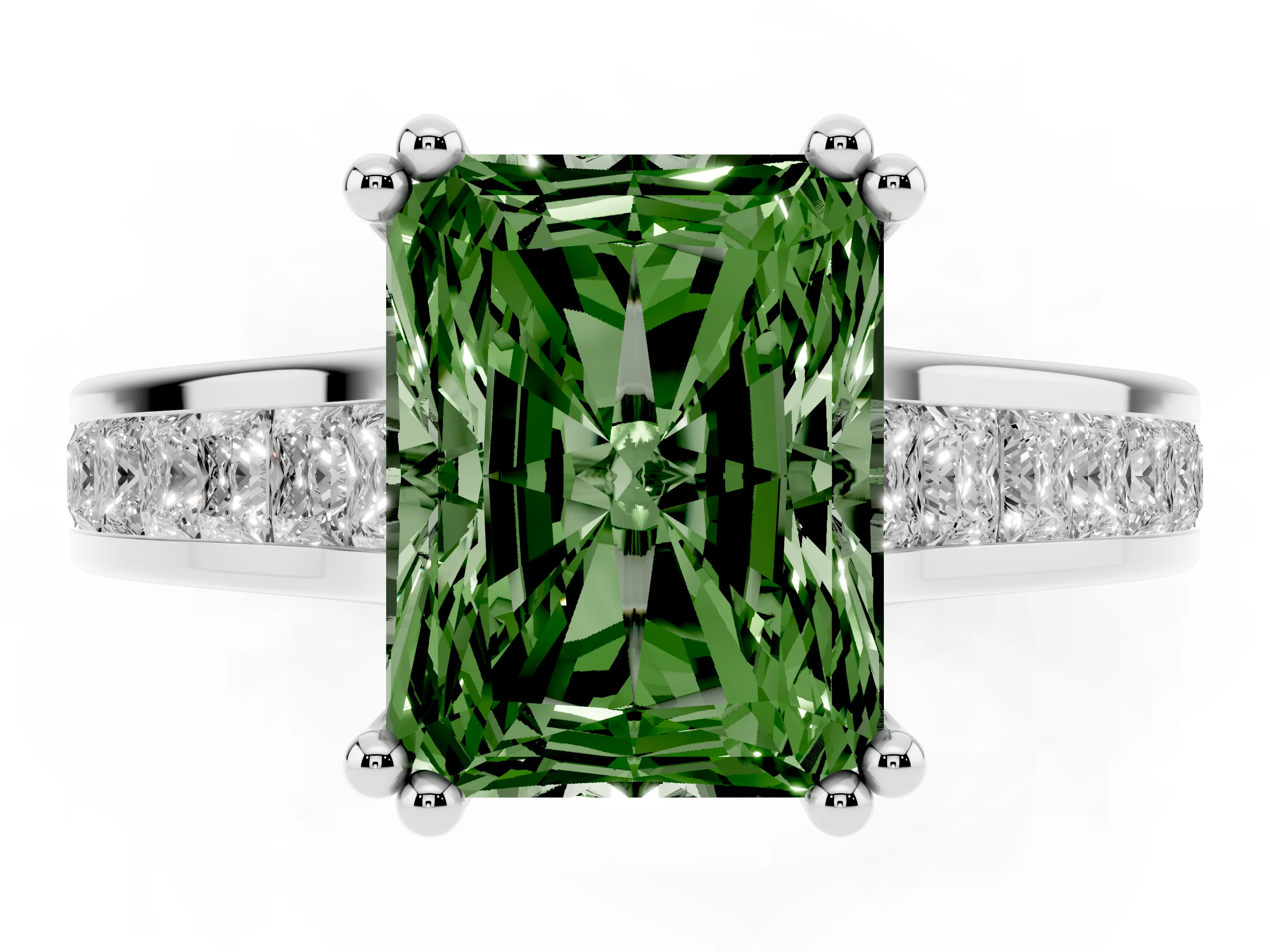 Fancy Green Radiant Cut Diamond Channel Set Solitaire Engagement Ring Set in Platinum with Prong Setting