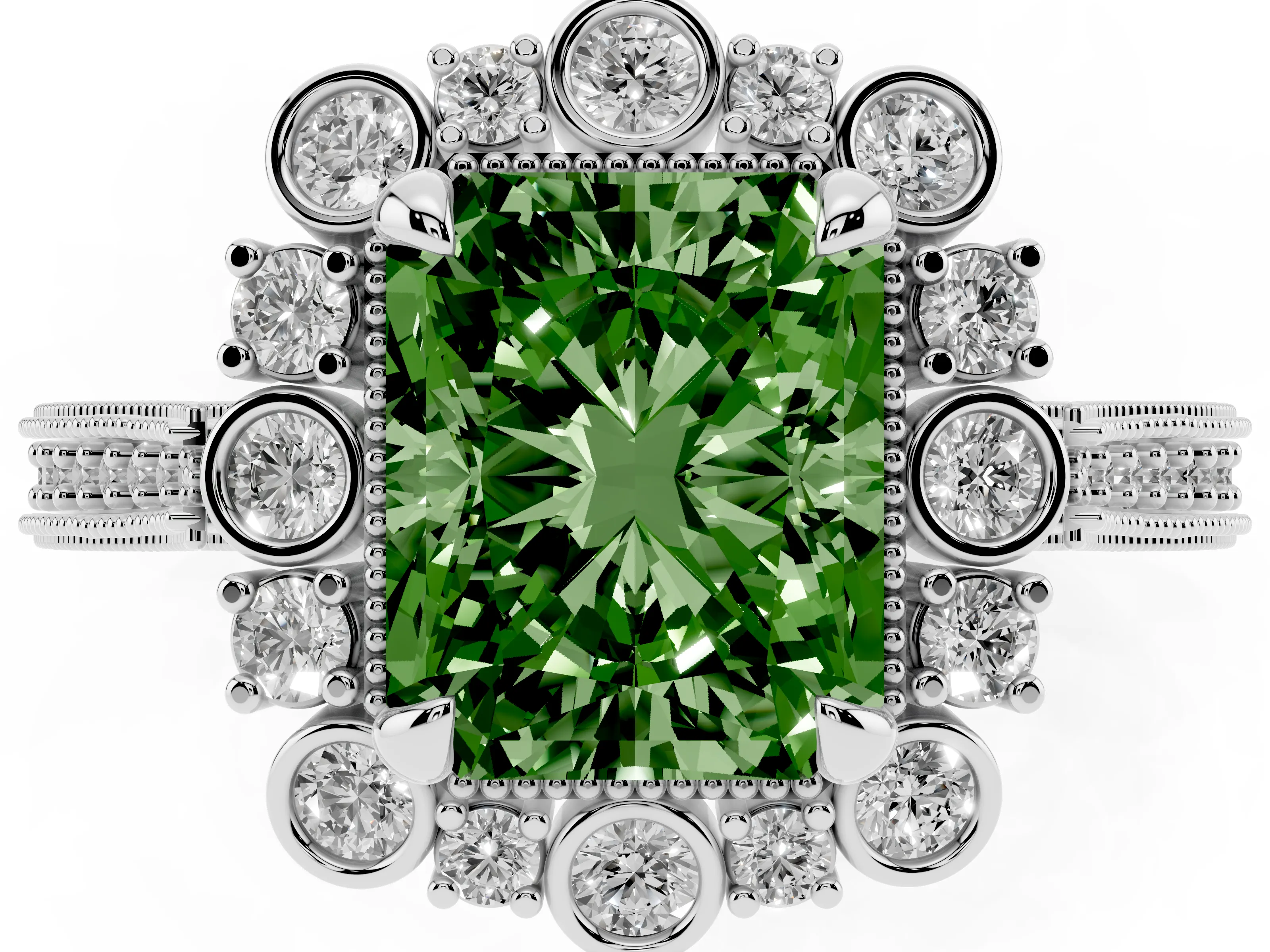 Fancy Green Radiant Cut Diamond Halo Milgrain Pavé Ring Set in Silver with Prong Setting