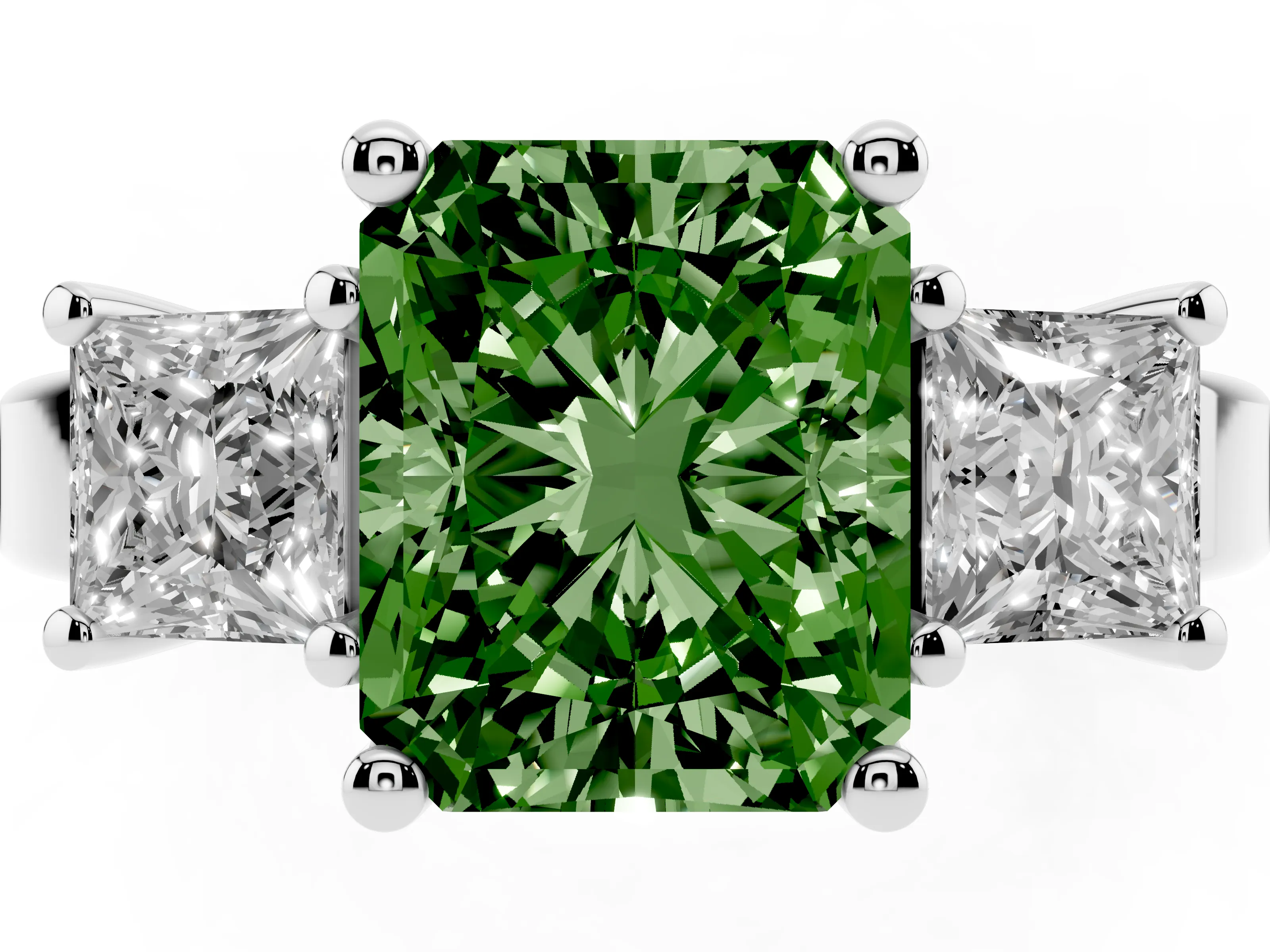 Fancy Green Three-Stone Radiant Cut Diamond Solitaire Ring Set in Platinum with Prong Setting