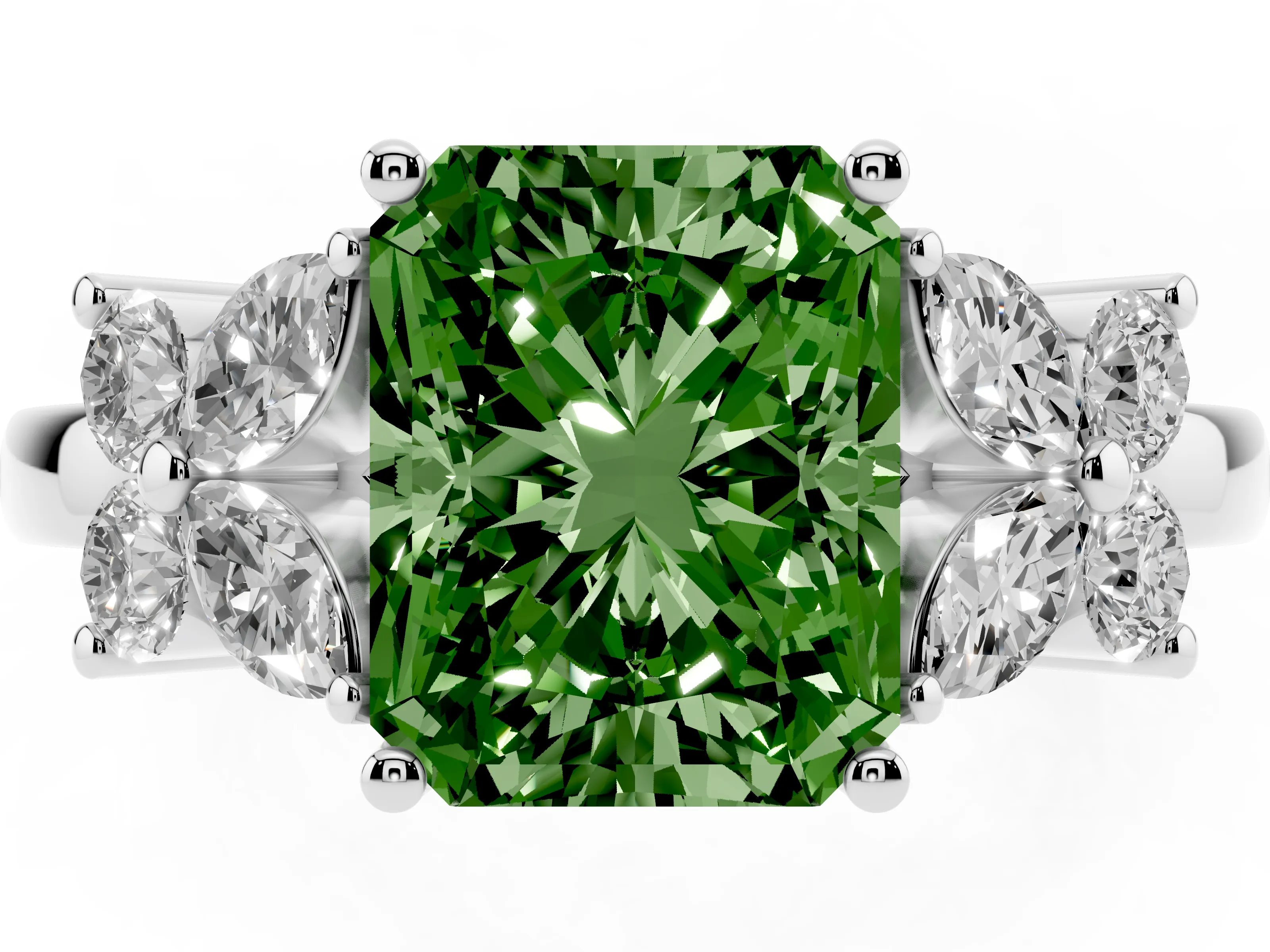 Fancy Green Radiant Cut Diamond Floral Cluster Ring Set in Silver with Marquise Petals and Prong Setting