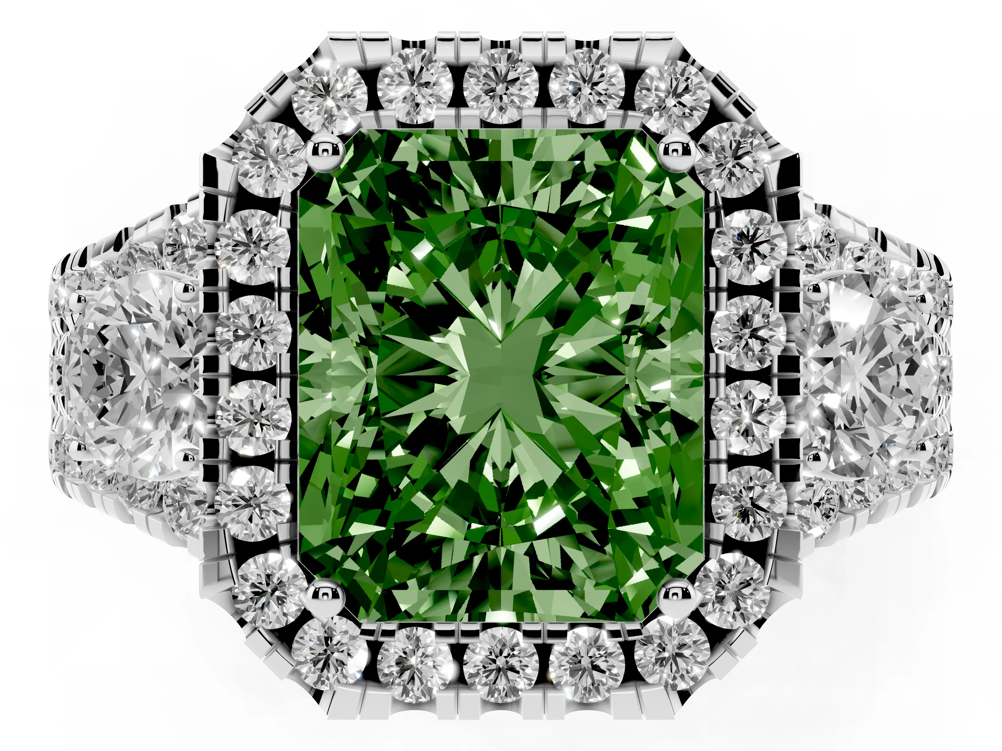 Fancy Green Radiant Cut Diamond Halo Split Shank Ring Set in White gold with Round Accent Stones and Prong Setting