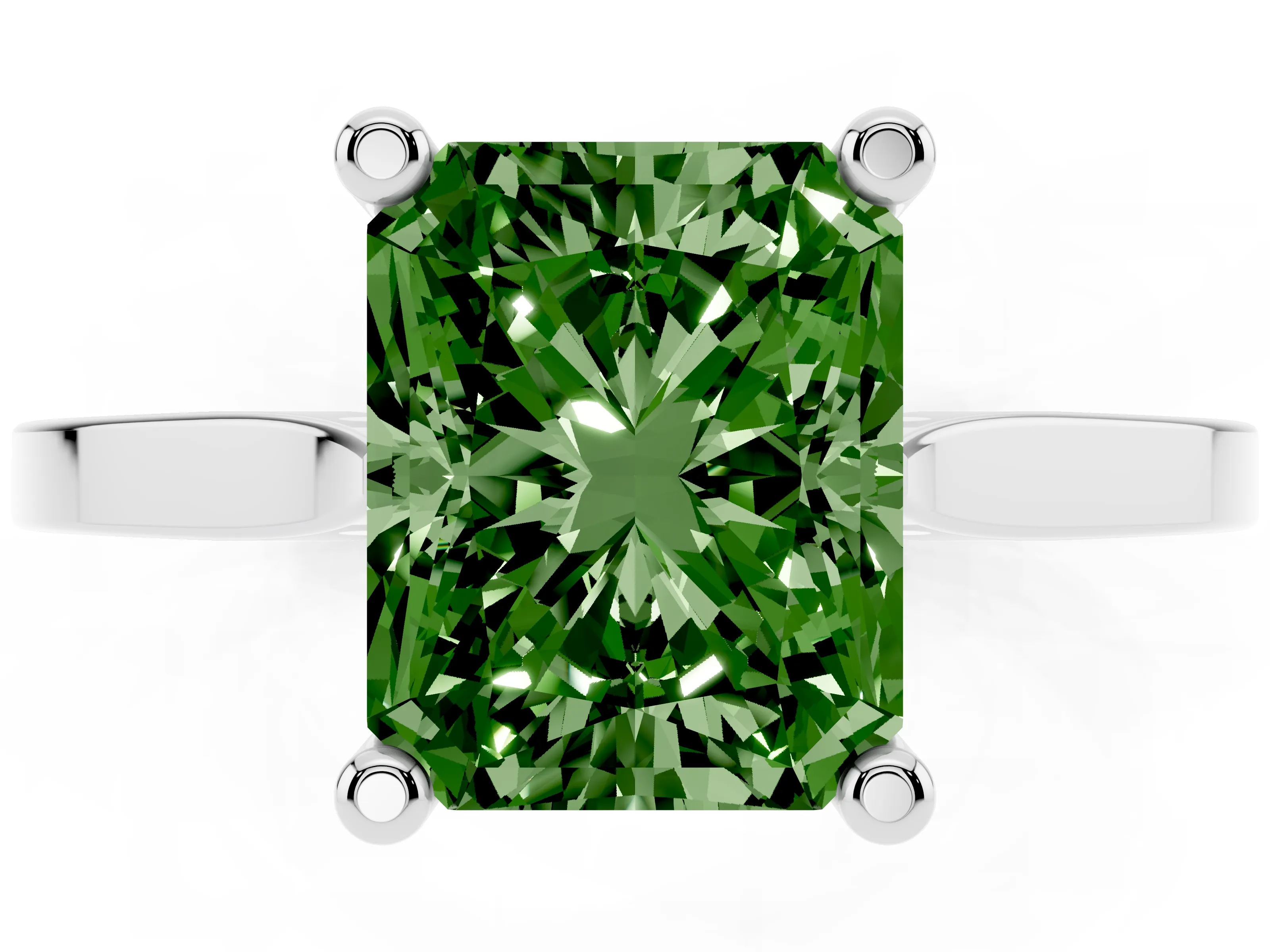 Fancy Green Radiant Cut Diamond Solitaire Ring Set in Silver with Prong Setting and Tapered Band