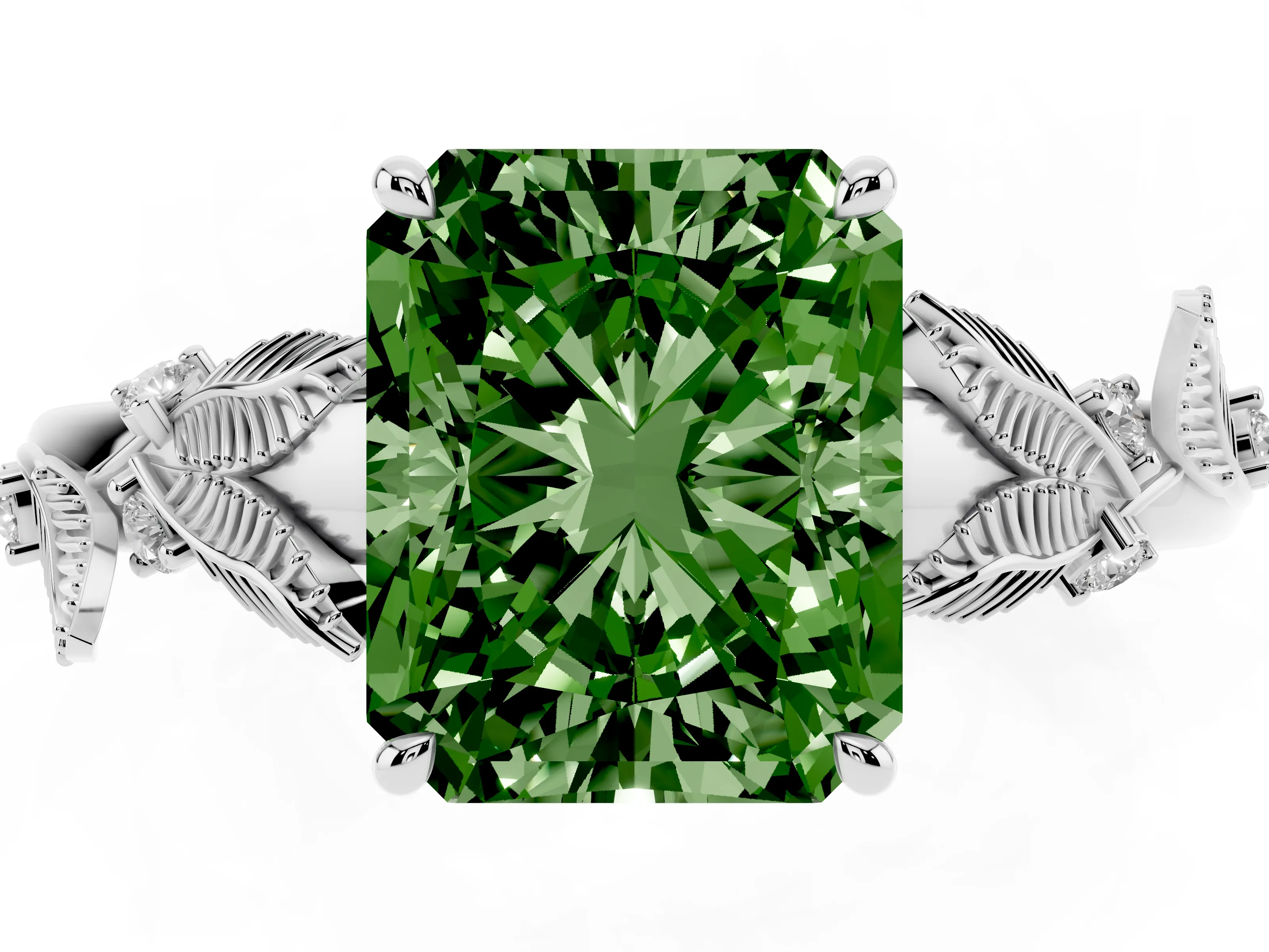 Fancy Green Radiant Cut Diamond Solitaire Ring Set in Platinum with Leaf Motif Band