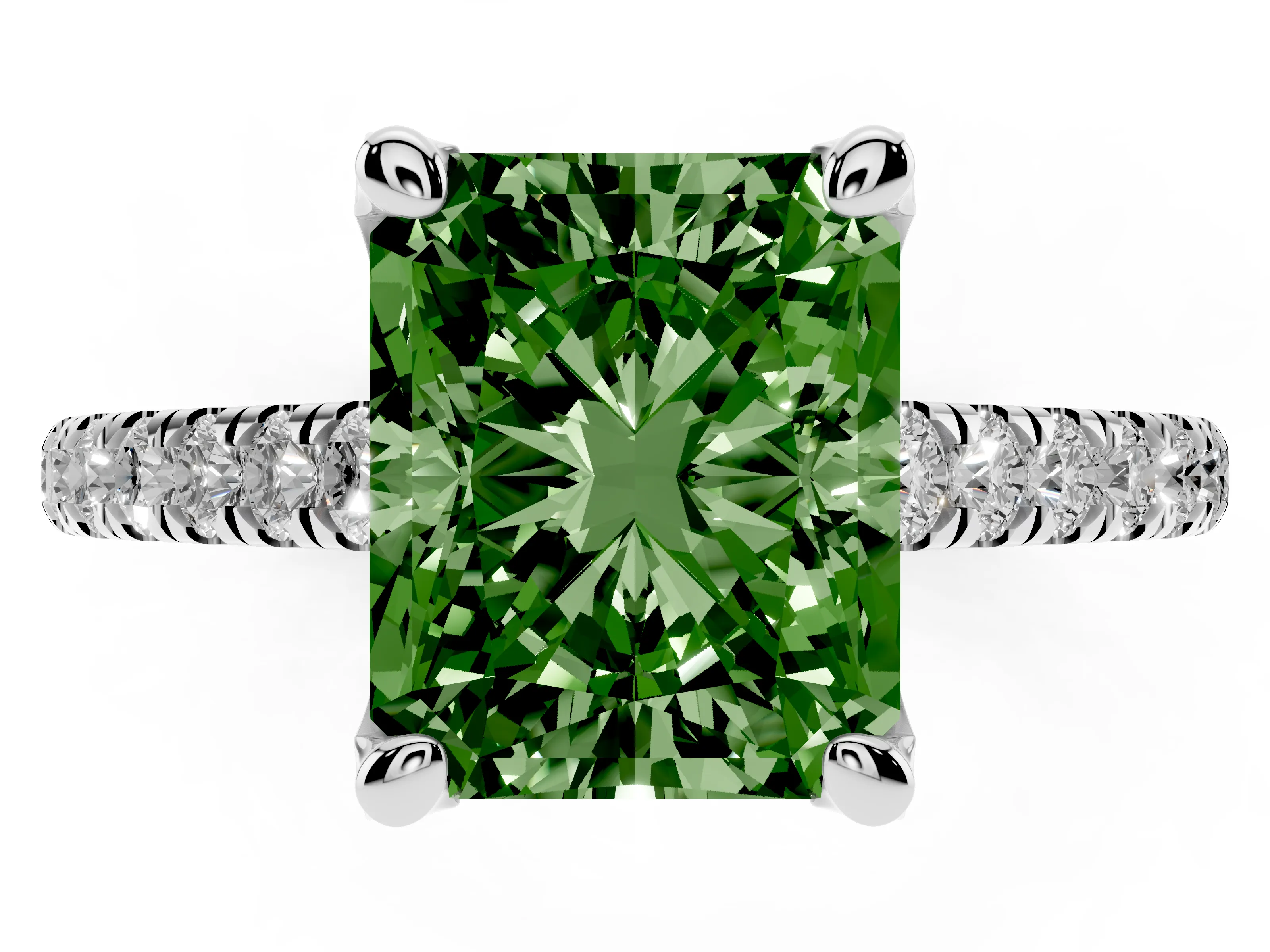 Fancy Green Radiant Cut Diamond Solitaire Ring Set in Silver with Brilliant Pavé Band and Prong Setting