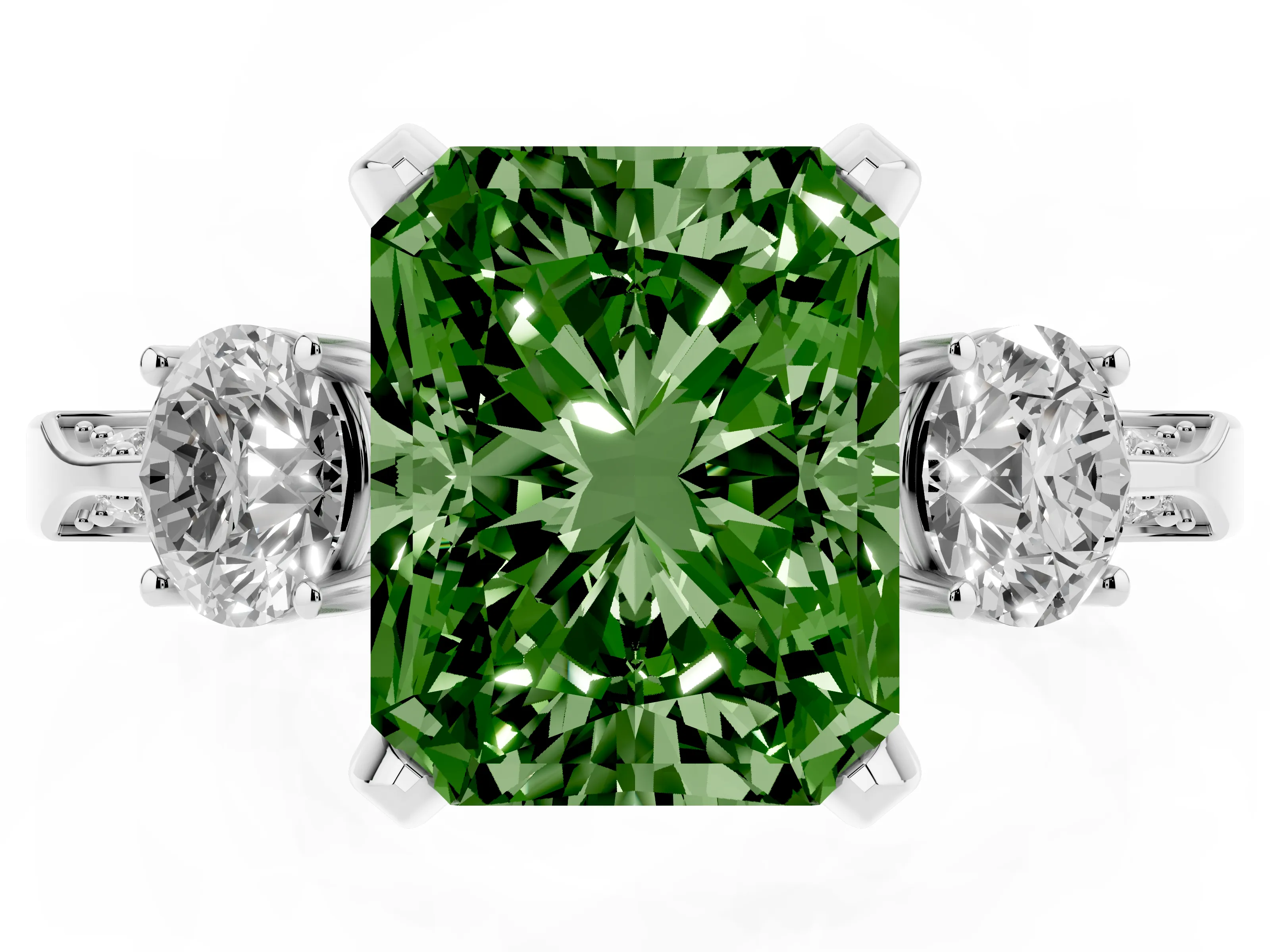 Fancy Green Radiant Cut Diamond Three-Stone Ring Set in Silver with Pavé Band and Smaller Side Stones