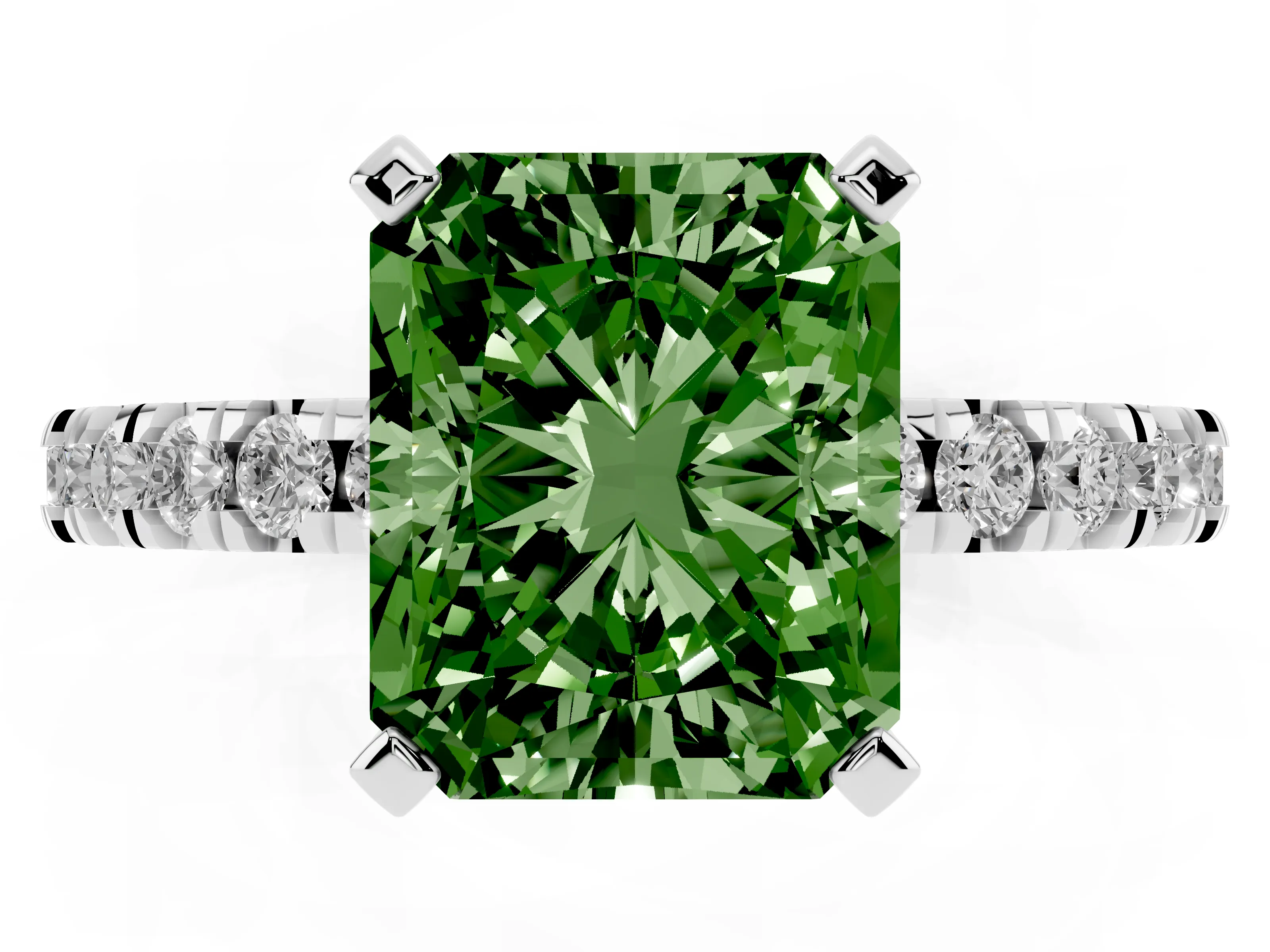 Fancy Green Radiant Cut Diamond Pavé Band Solitaire Set in Silver with Prong Setting