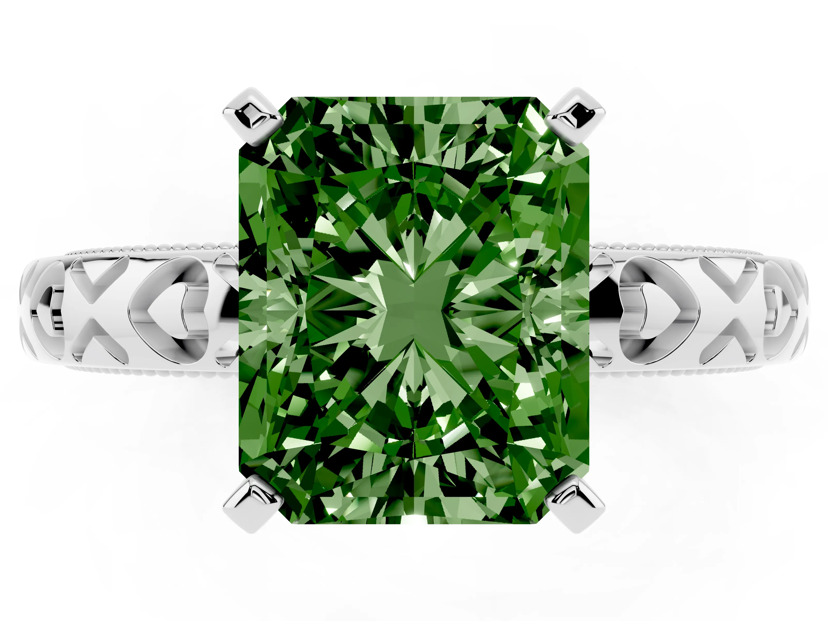 Fancy Green Radiant Cut Diamond Solitaire Engagement Ring Set in Platinum with XO Engraved Band and Prong Setting