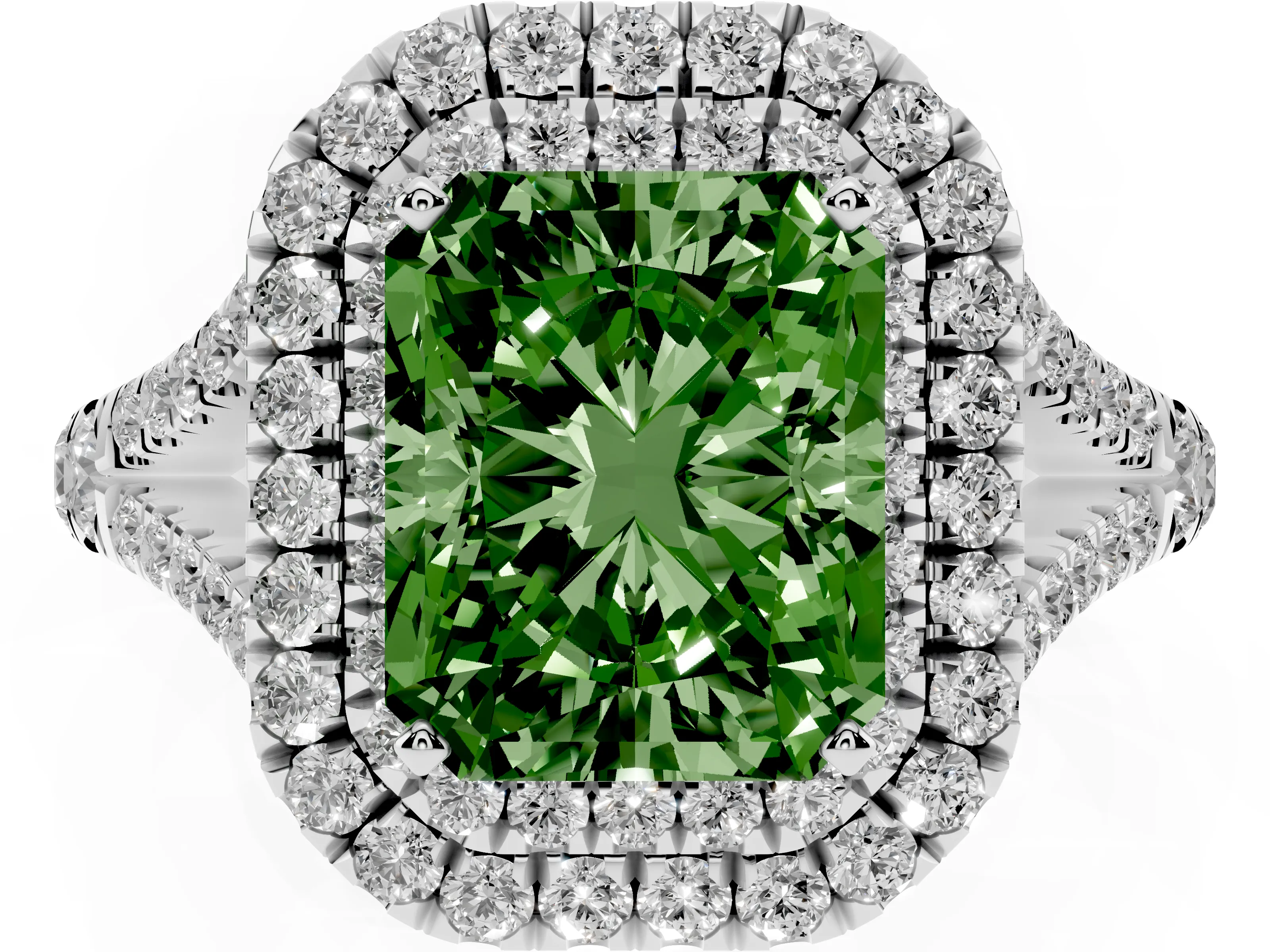 Fancy Green Radiant Cut Diamond Pavé Split Shank Double Halo Engagement Ring Set in Platinum
