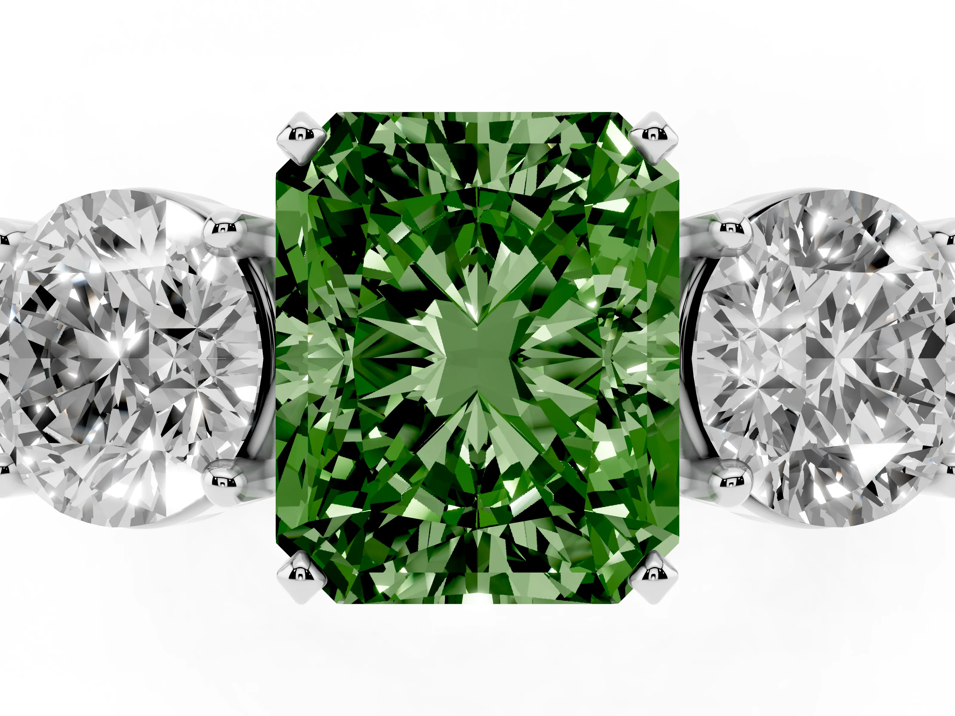 Fancy Green Radiant Cut Diamond Three-Stone Ring Set in Platinum with Round Side Stones and Classic Band