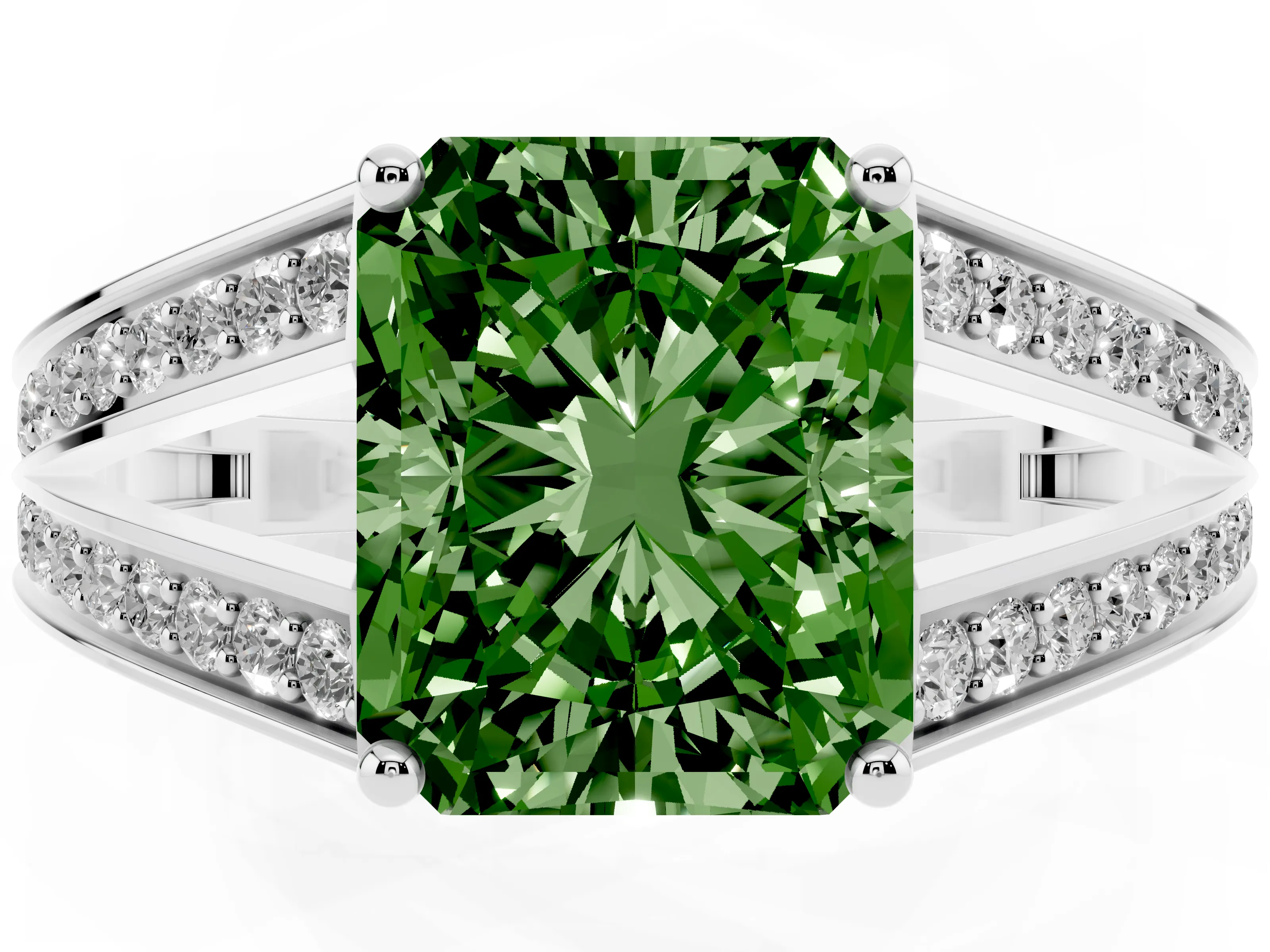 Fancy Green Radiant Cut Diamond Split Shank Ring Set in Platinum with Pavé Band and Prong Setting