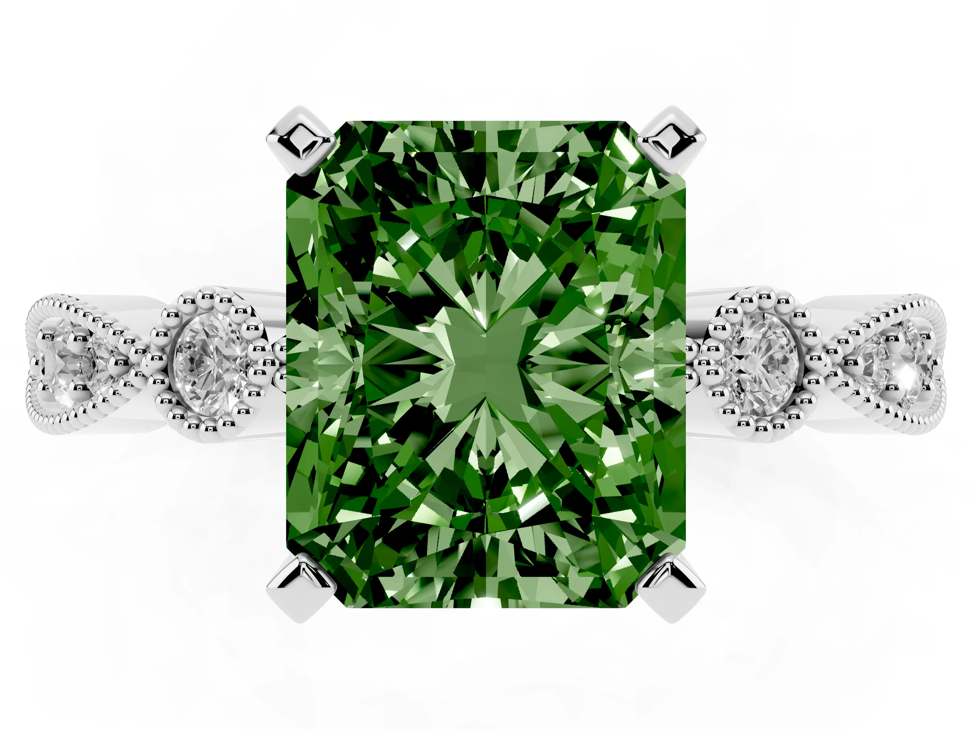Fancy Green Radiant Cut Diamond Solitaire Engagement Ring Set in White gold with Milgrain Bezel Accent Band