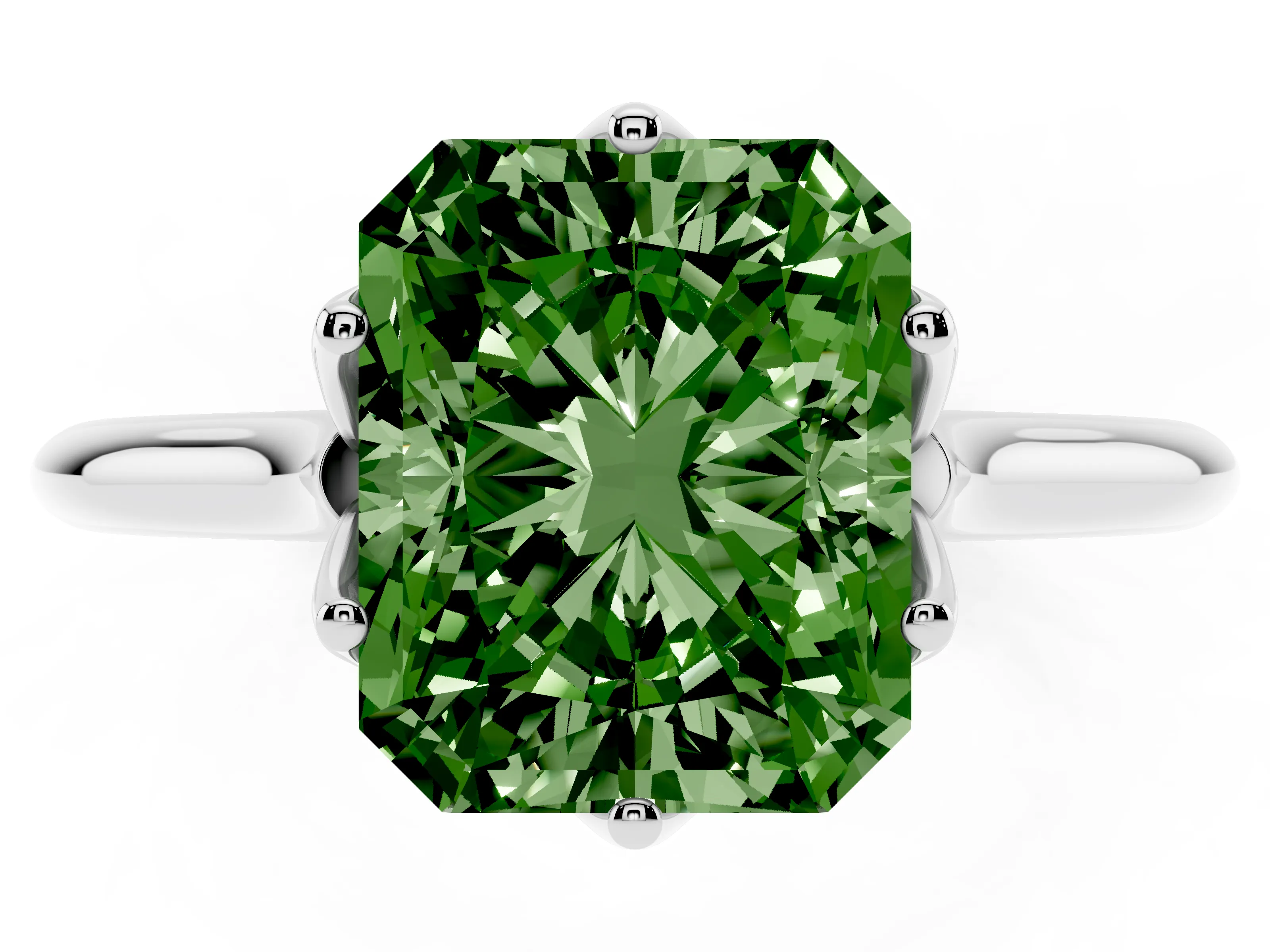 Fancy Green Radiant Cut Diamond Solitaire Cathedral Ring Set in Platinum with Prong Setting