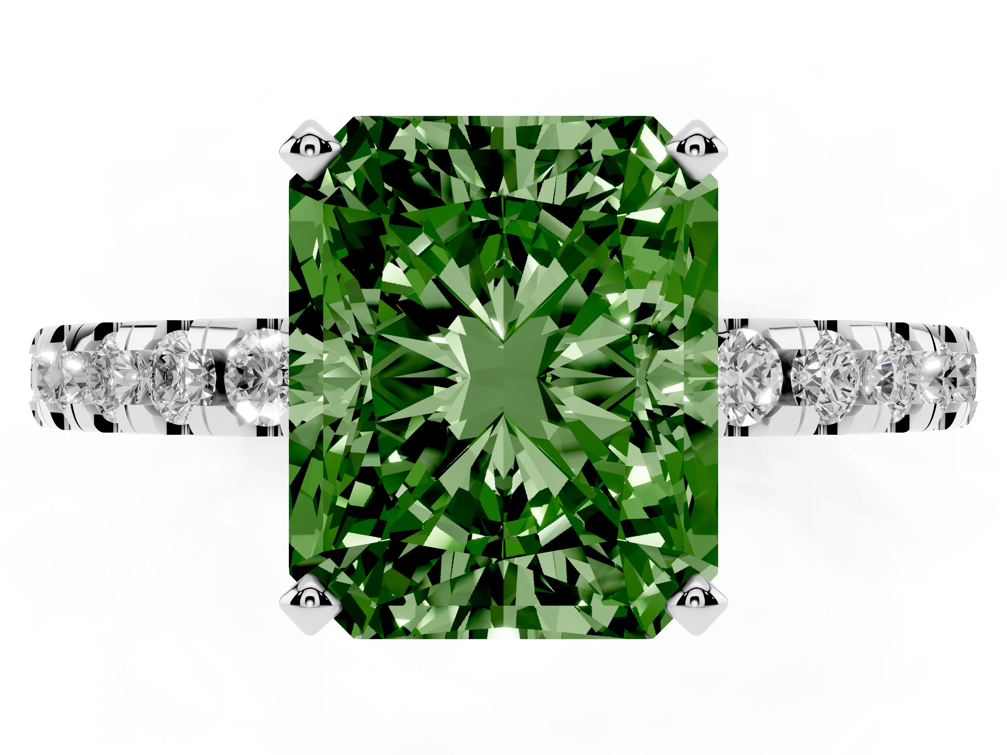 Fancy Green Radiant Cut Diamond Pavé Solitaire Ring Set in White gold with Round Band Accents and Prong Setting