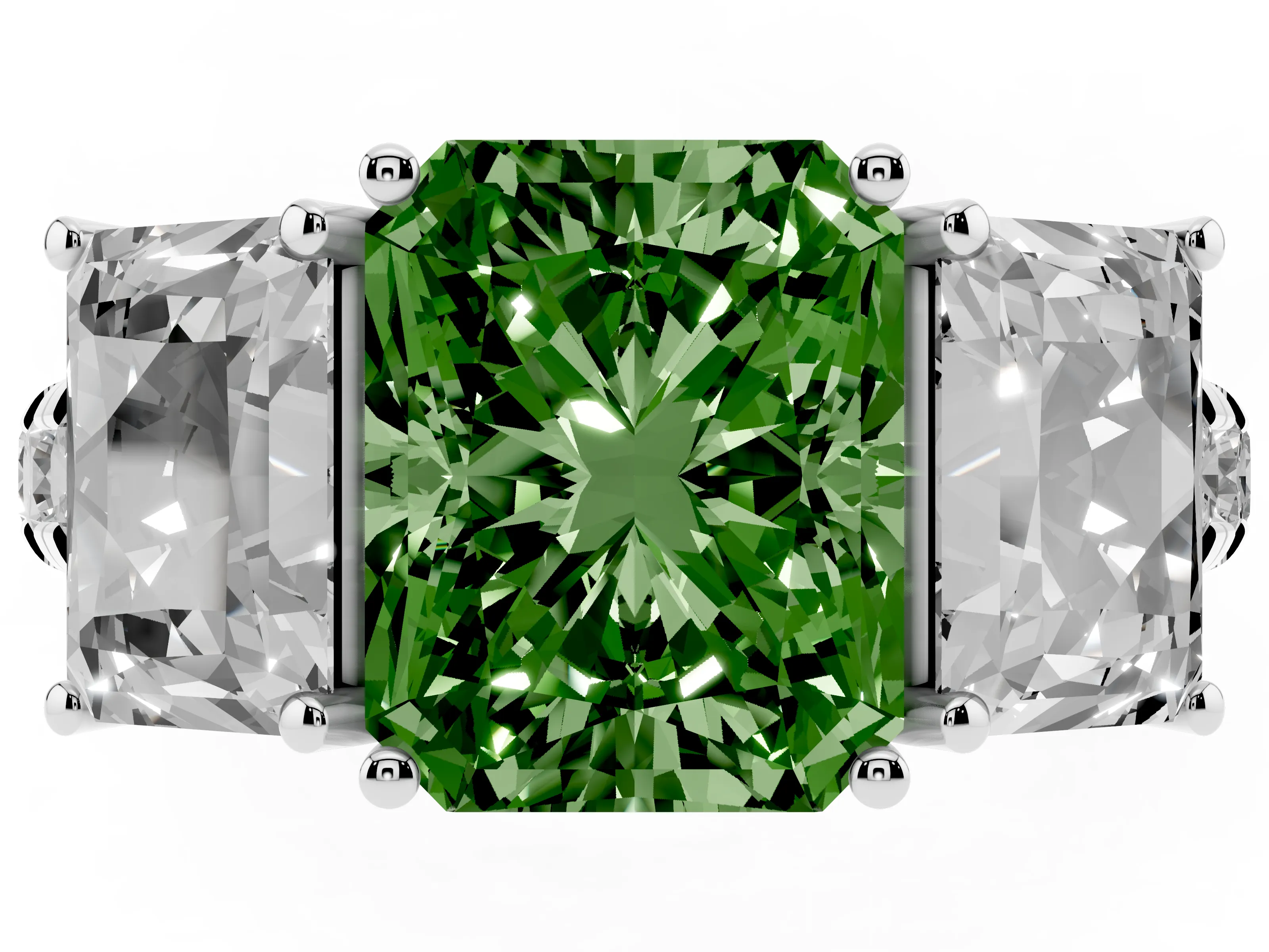 Fancy Green Radiant Cut Diamond Three-Stone Ring Set in Platinum with Pavé Band