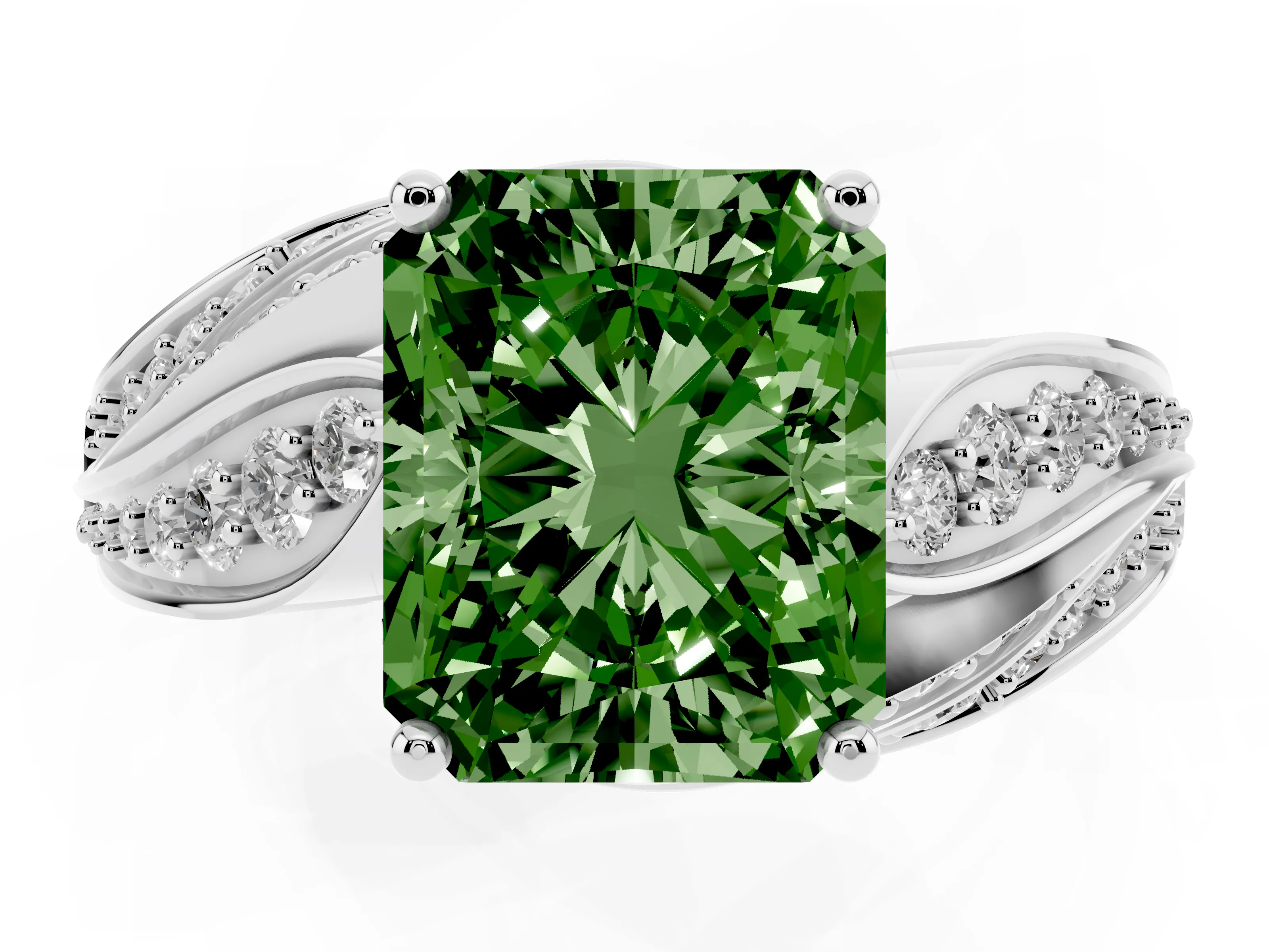 Fancy Green Radiant Cut Diamond Solitaire Ring Set in Platinum with Layered Twist Pavé Band