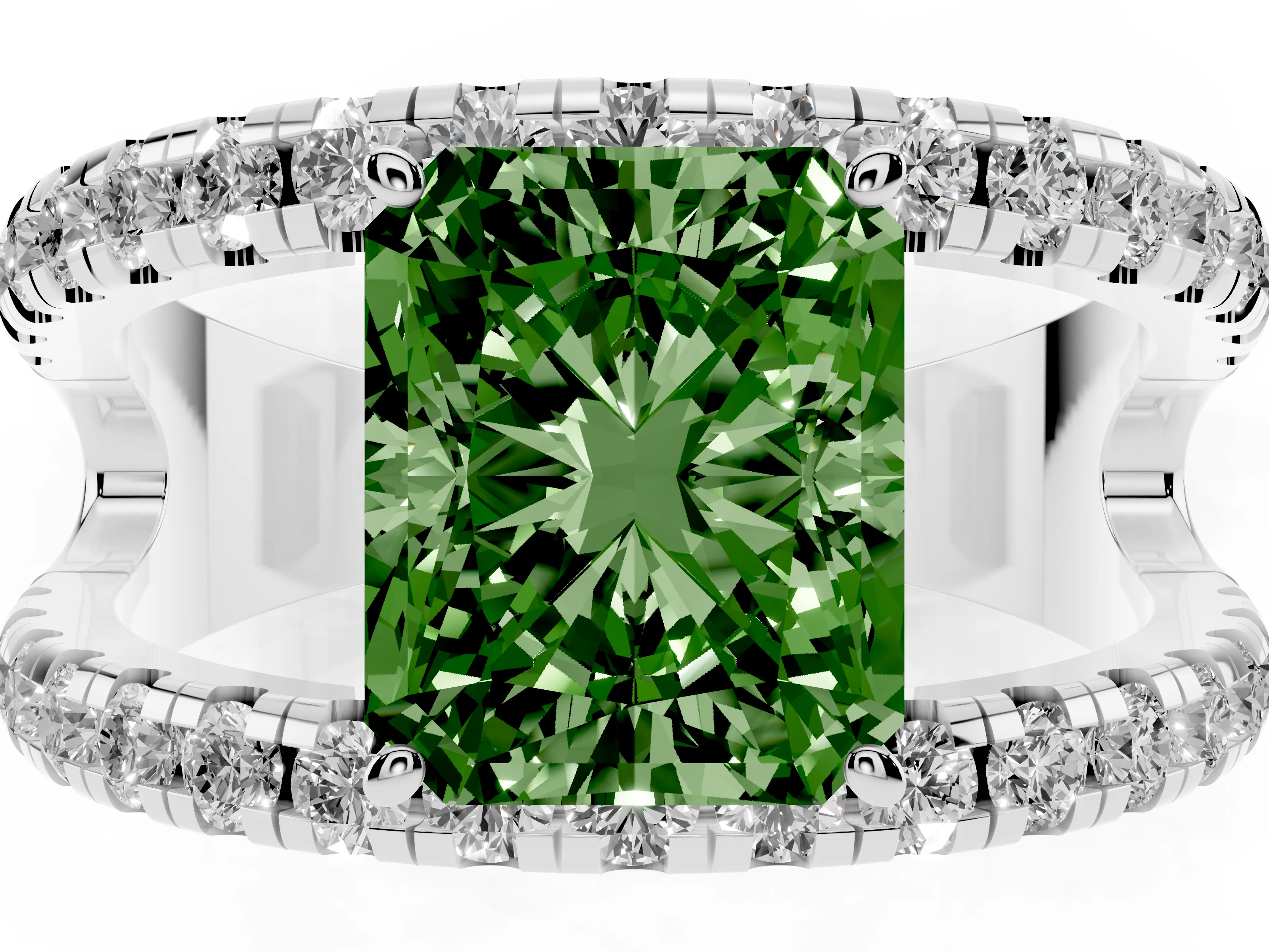 Fancy Green Radiant Cut Diamond Split Shank Pavé Solitaire Ring Set in Silver with Open Shank Design