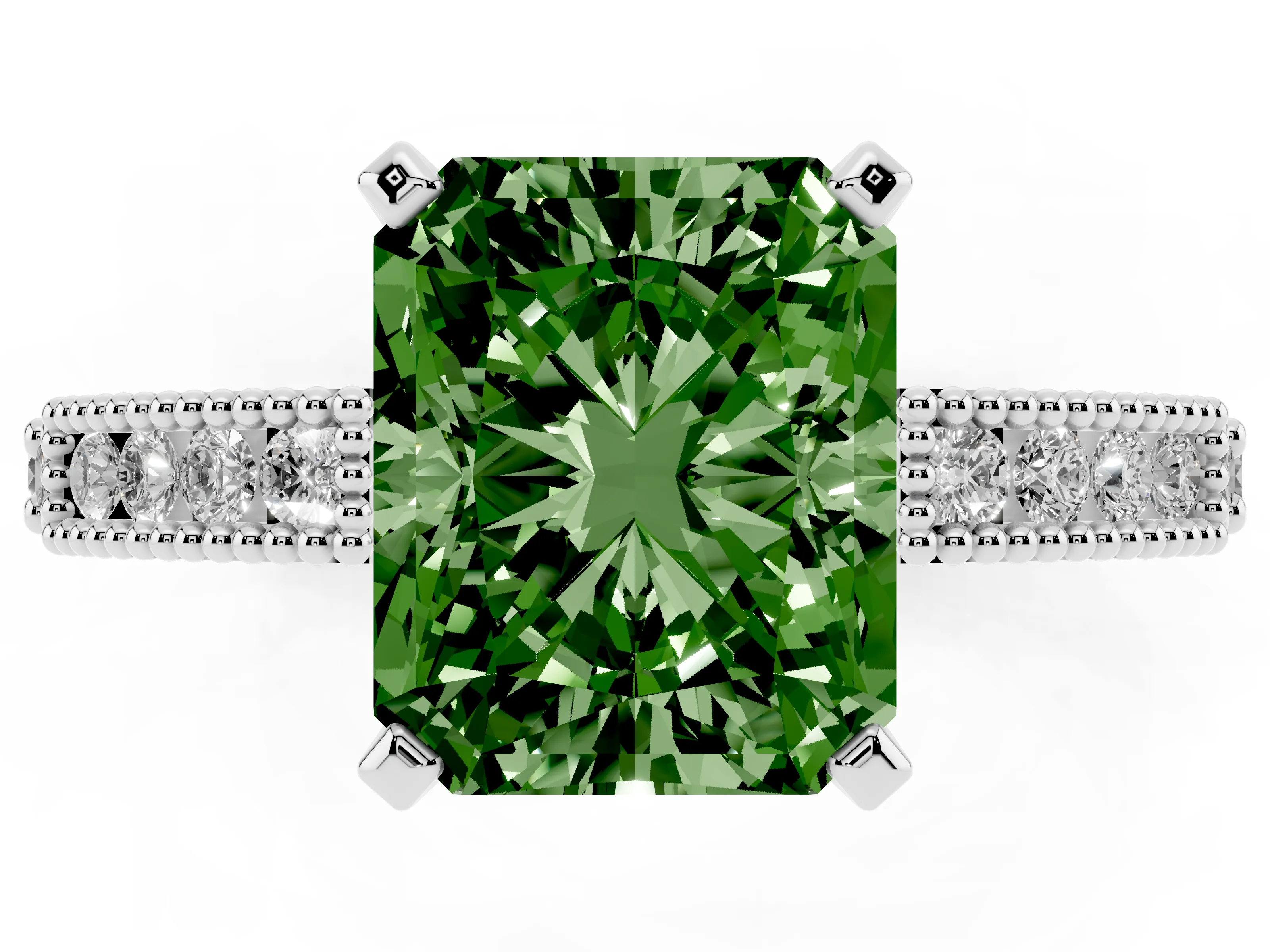 Fancy Green Radiant Cut Diamond Solitaire Ring Set in White gold with Slim Pavé Band and Prong Setting