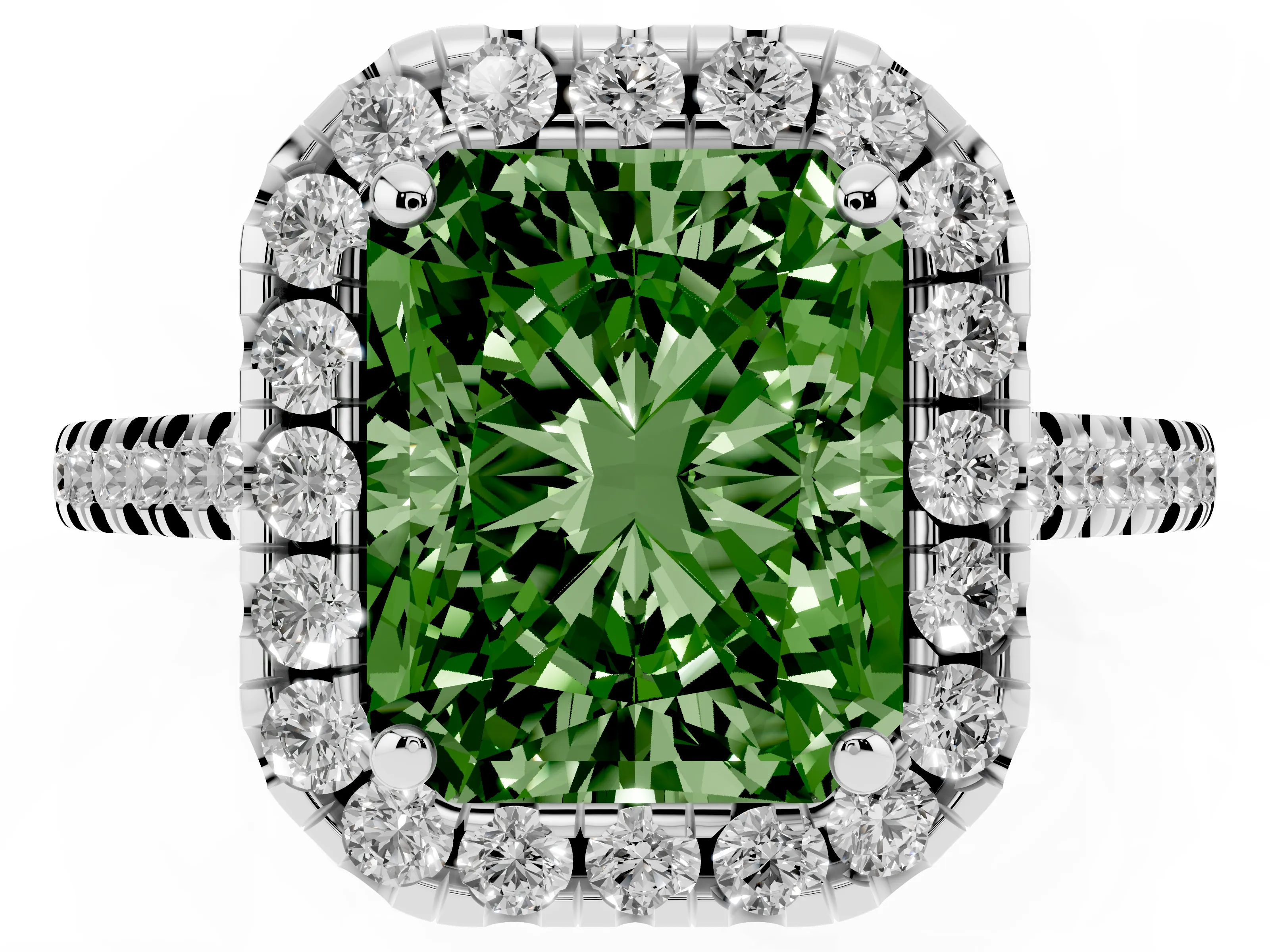 Fancy Green Radiant Cut Diamond Cushion Halo Ring Set in White gold with Pavé Band