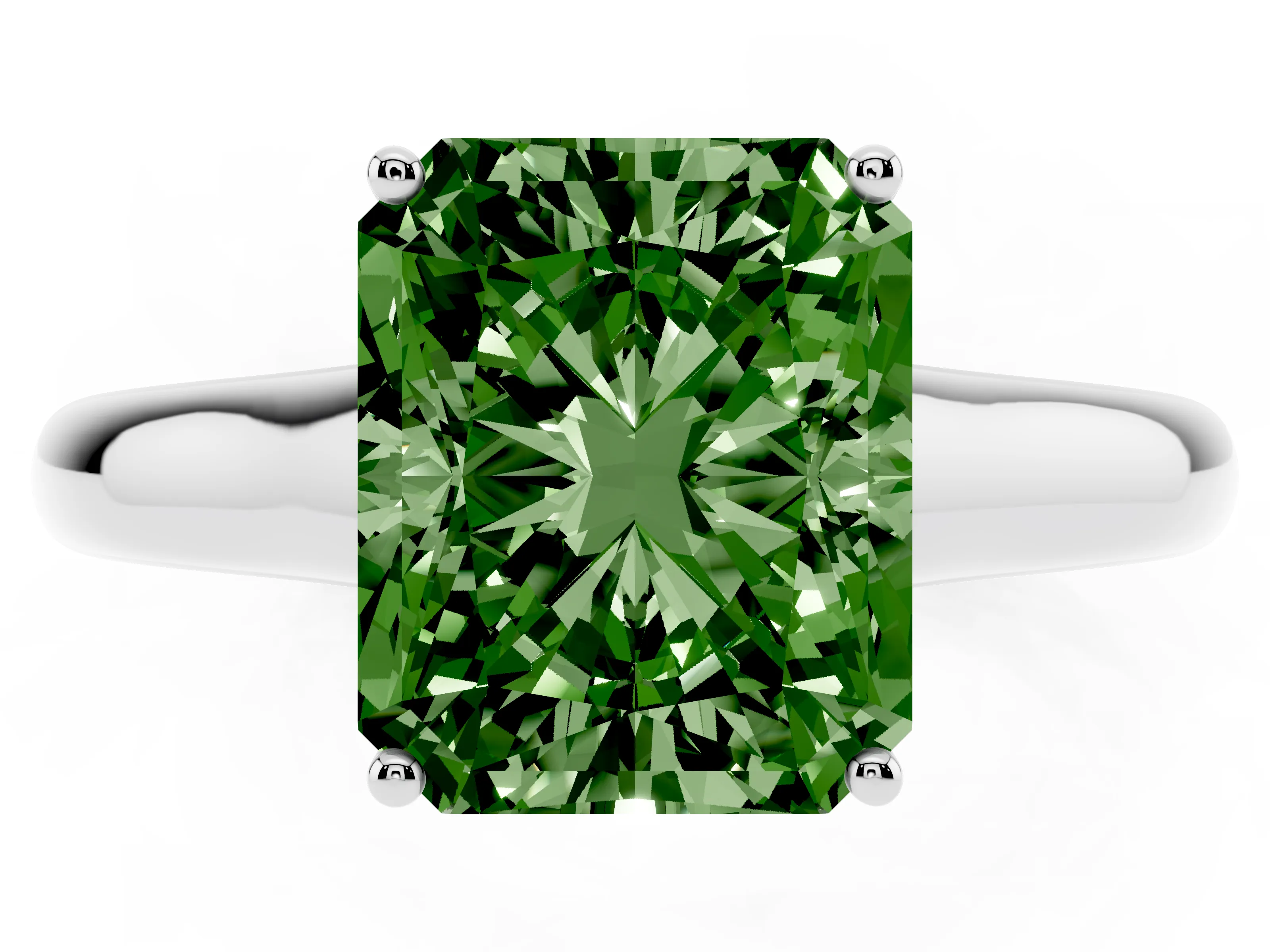 Fancy Green Radiant Cut Diamond Solitaire Engagement Ring Set in Platinum with Subtly Tapered Band and Prong Setting