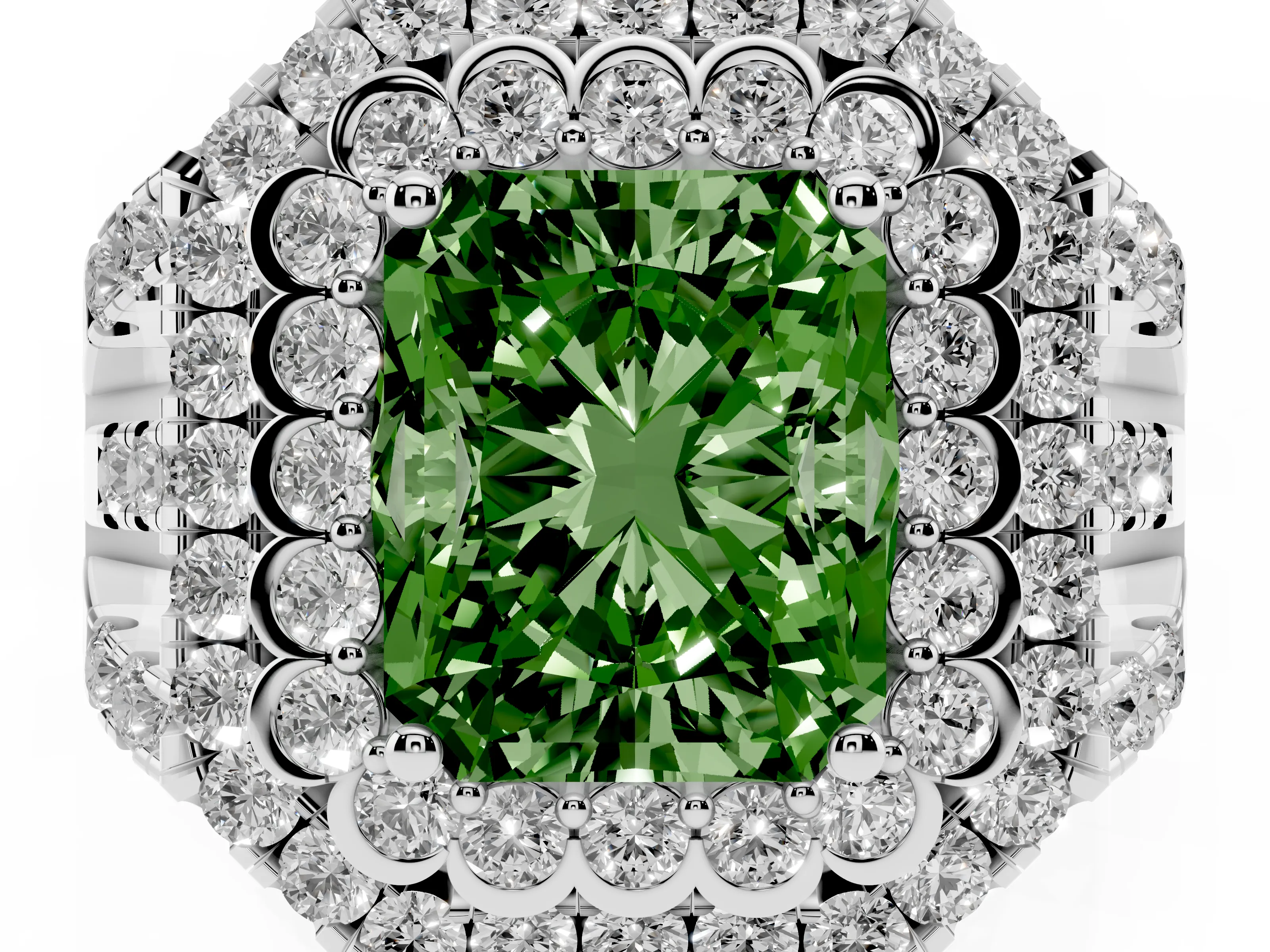 Fancy Green Radiant Cut Diamond Double Halo Ring Set in White gold with Round Pavé Split Shank