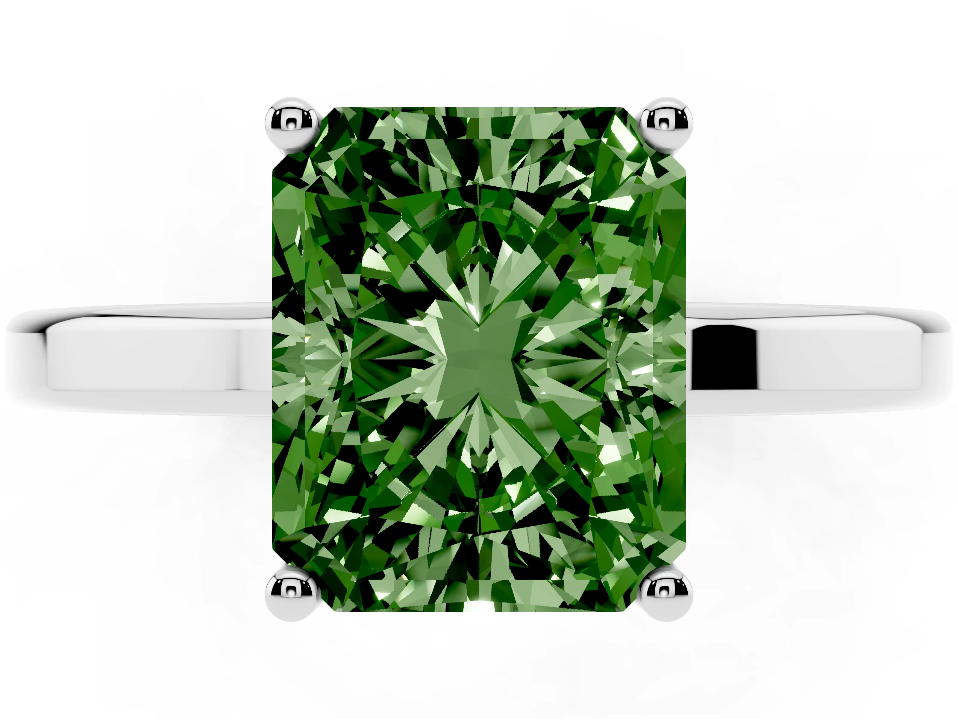 Fancy Green Radiant Cut Diamond Solitaire Engagement Ring Set in Silver with Prong Setting on a Plain Band